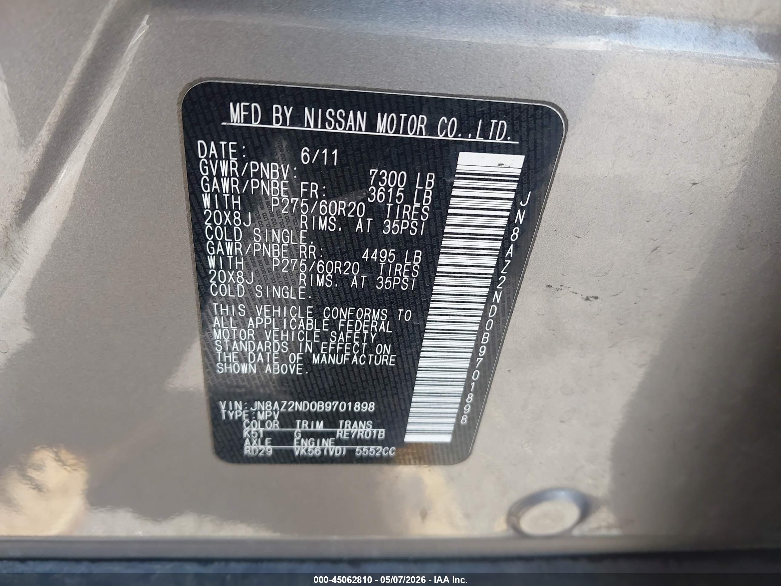 2011 Infiniti Qx56   Silver vin: JN8AZ2ND0B9701898