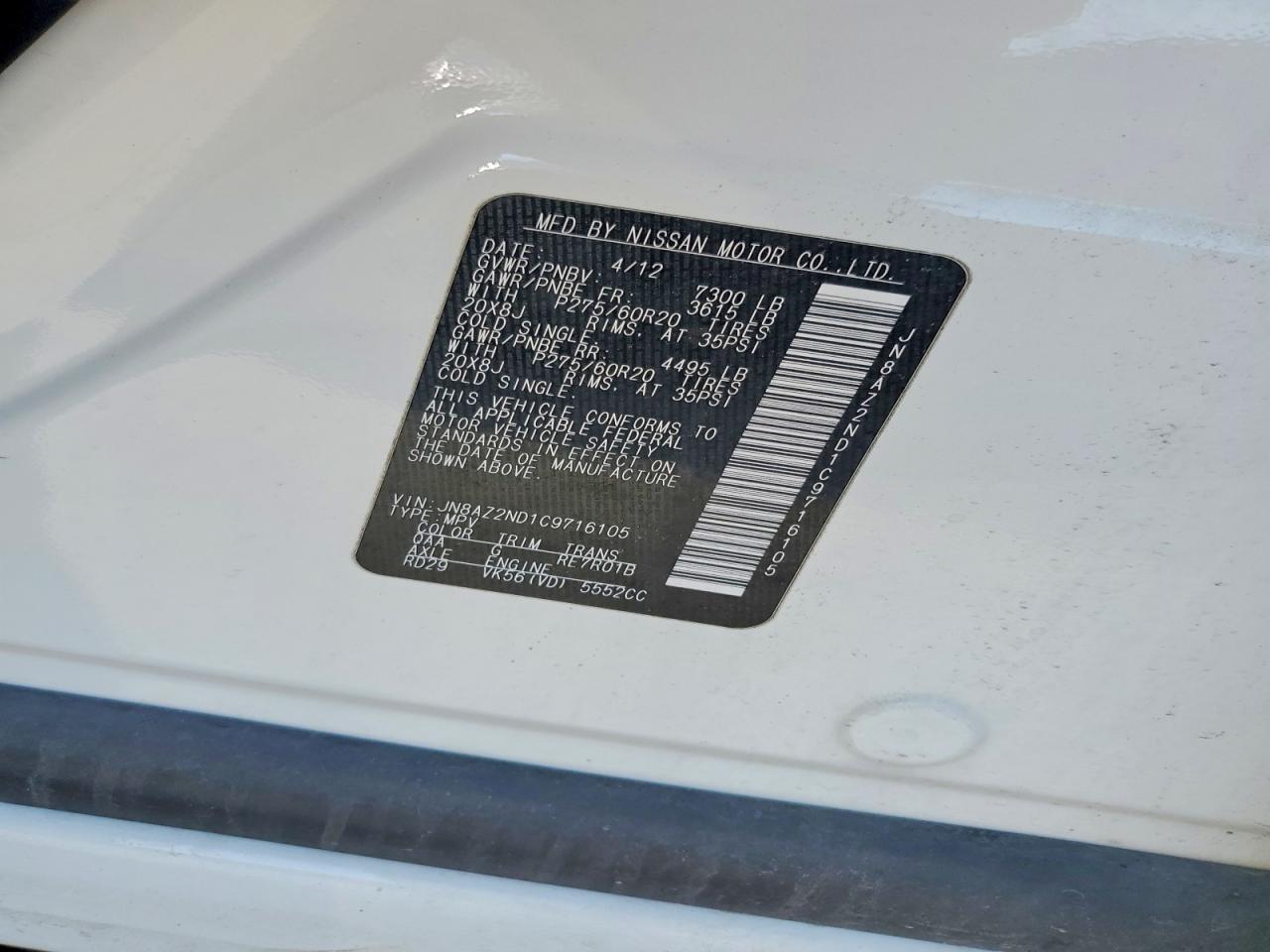2012 Infiniti Qx56 Base White vin: JN8AZ2ND1C9716105
