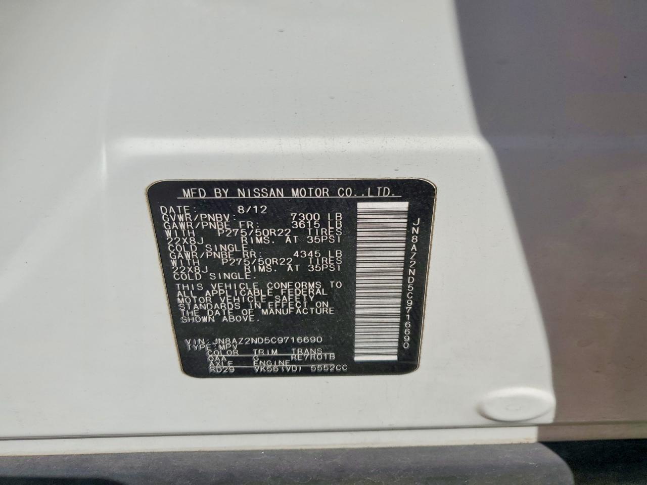 2012 Infiniti Qx56 Base White vin: JN8AZ2ND5C9716690