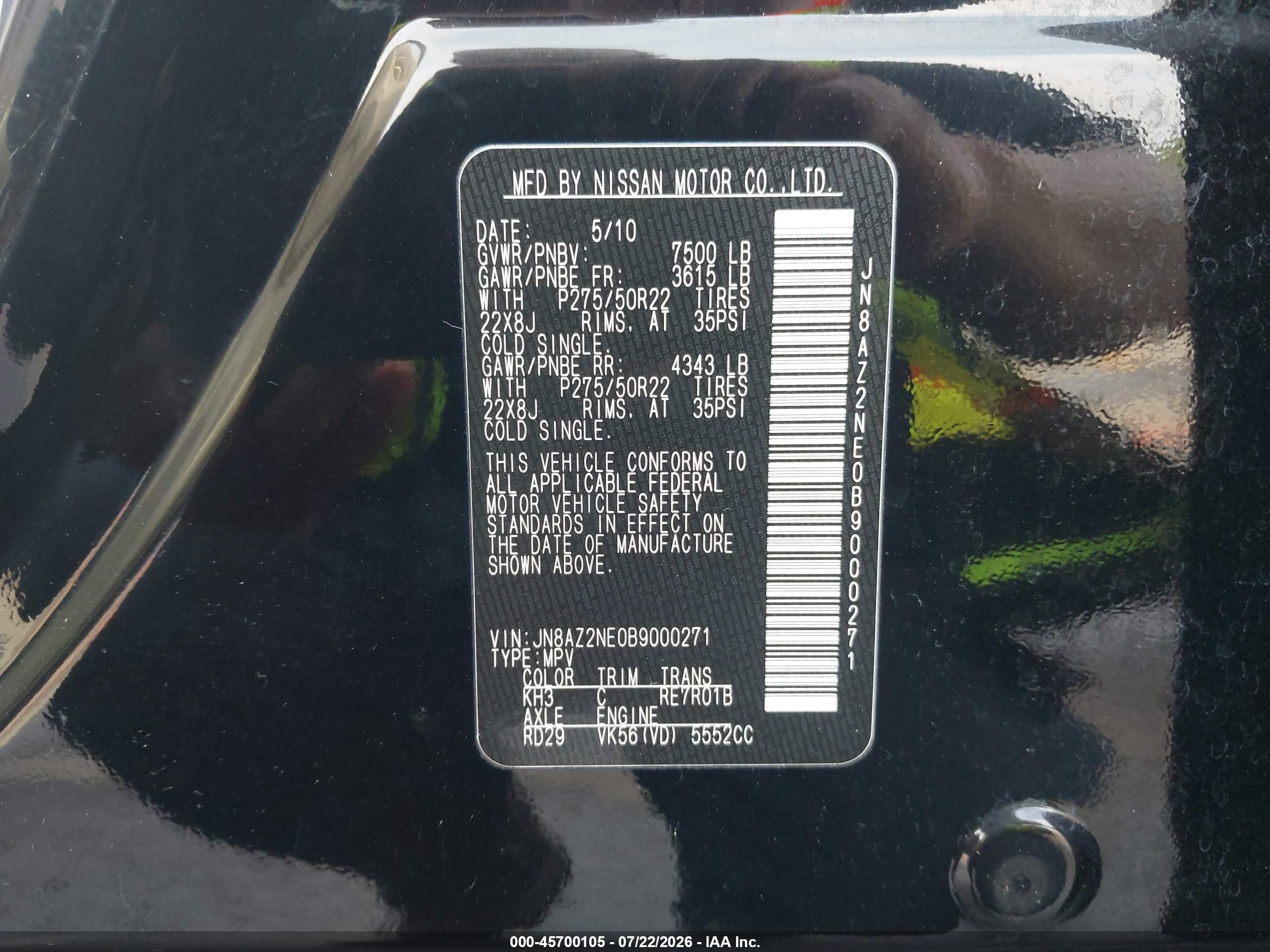 2011 Infiniti Qx56   Black vin: JN8AZ2NE0B9000271