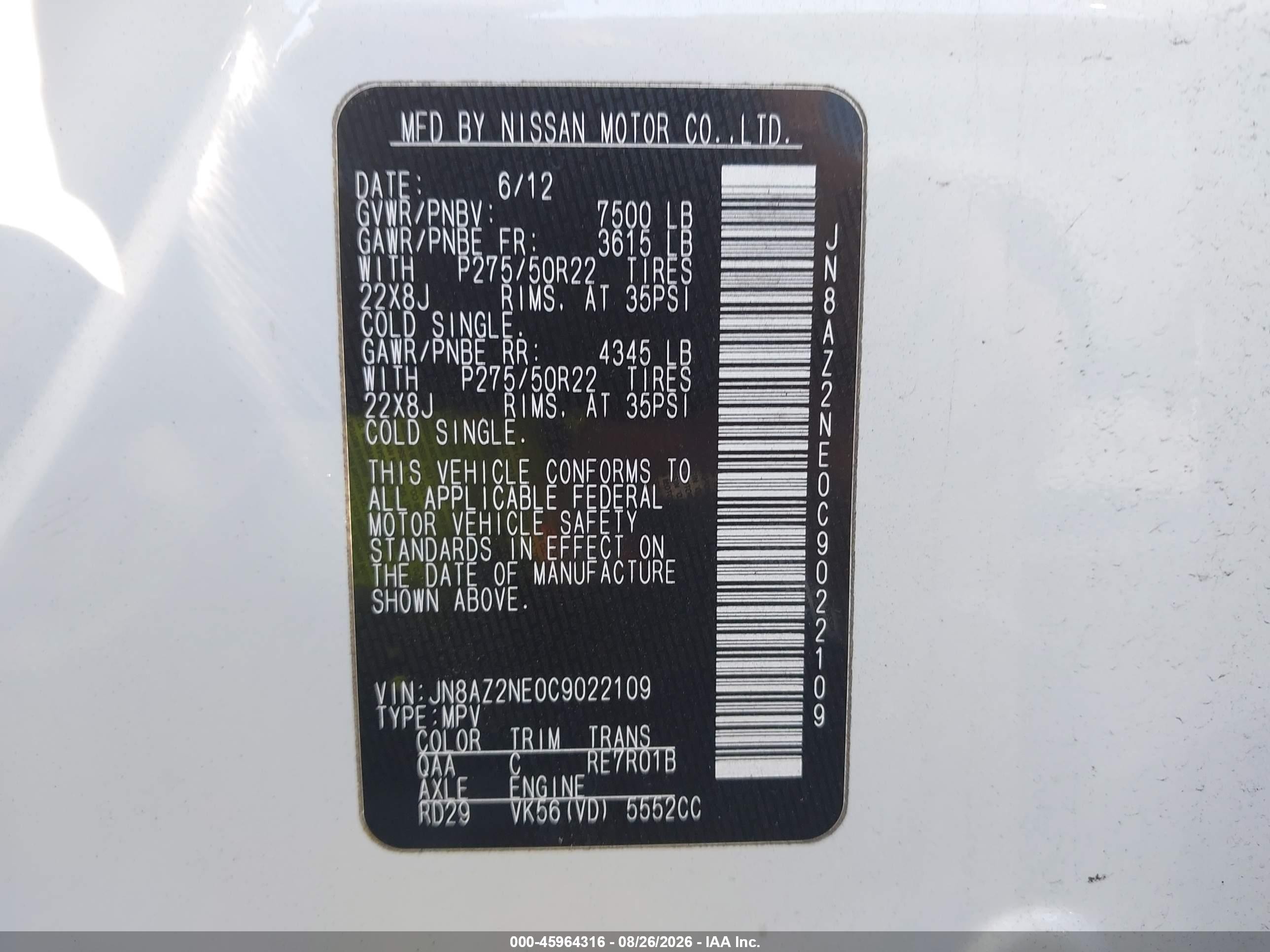 2012 Infiniti Qx56   White vin: JN8AZ2NE0C9022109