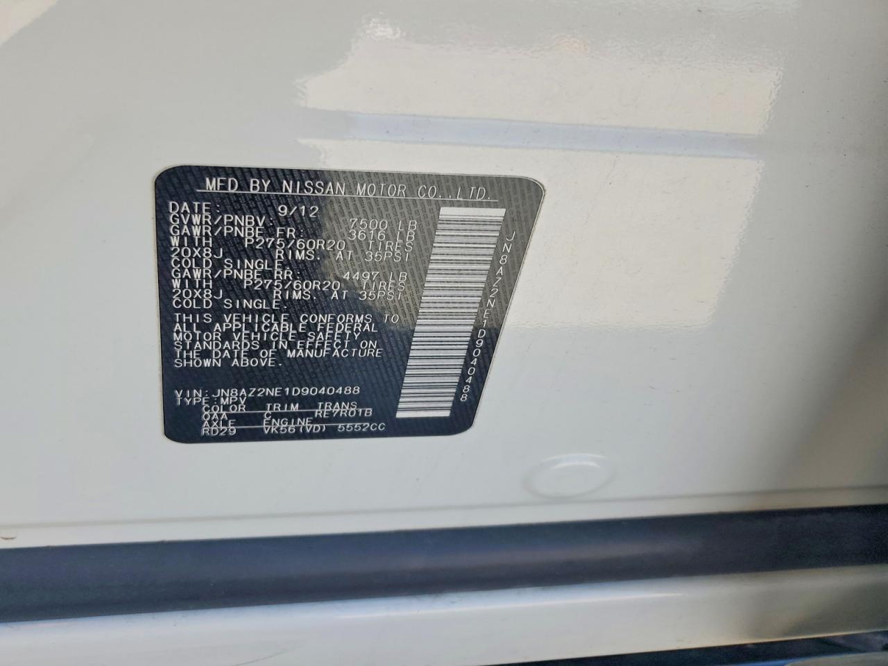 2013 Infiniti Qx56 Base White vin: JN8AZ2NE1D9040488