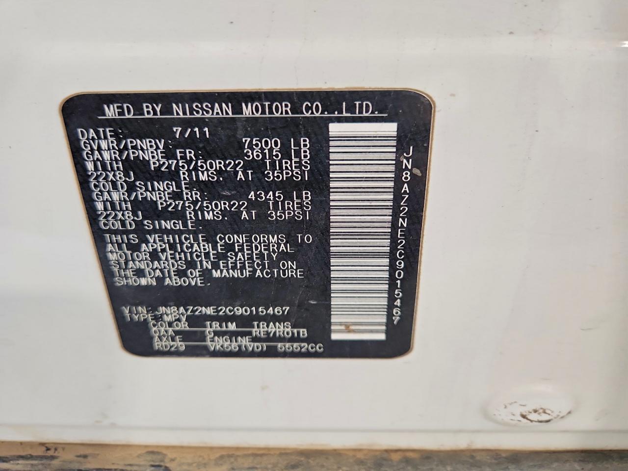 2012 Infiniti Qx56 Base White vin: JN8AZ2NE2C9015467
