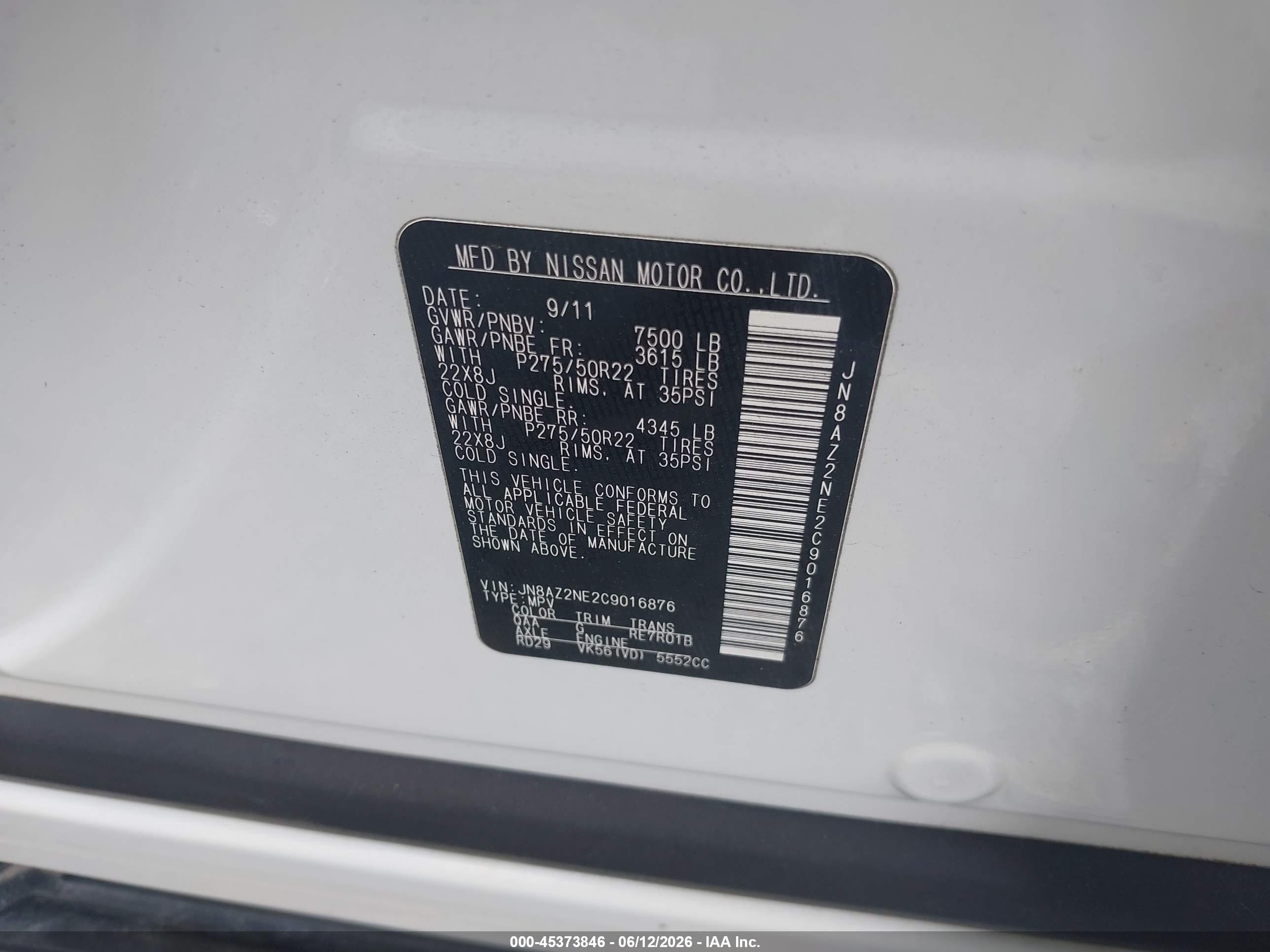 2012 Infiniti Qx56   White vin: JN8AZ2NE2C9016876