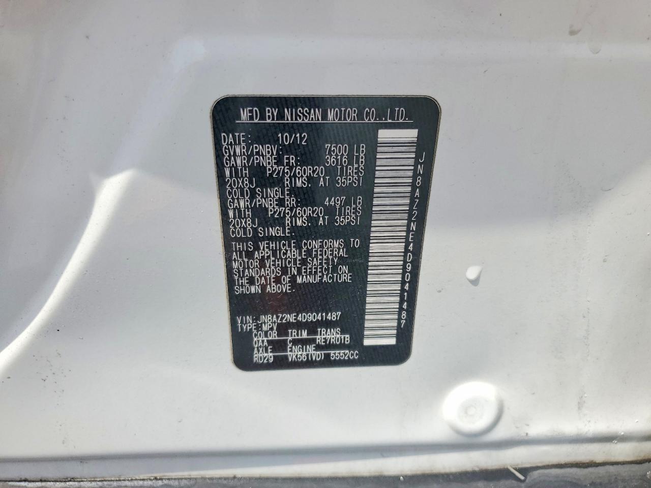 2013 Infiniti Qx56 Base White vin: JN8AZ2NE4D9041487