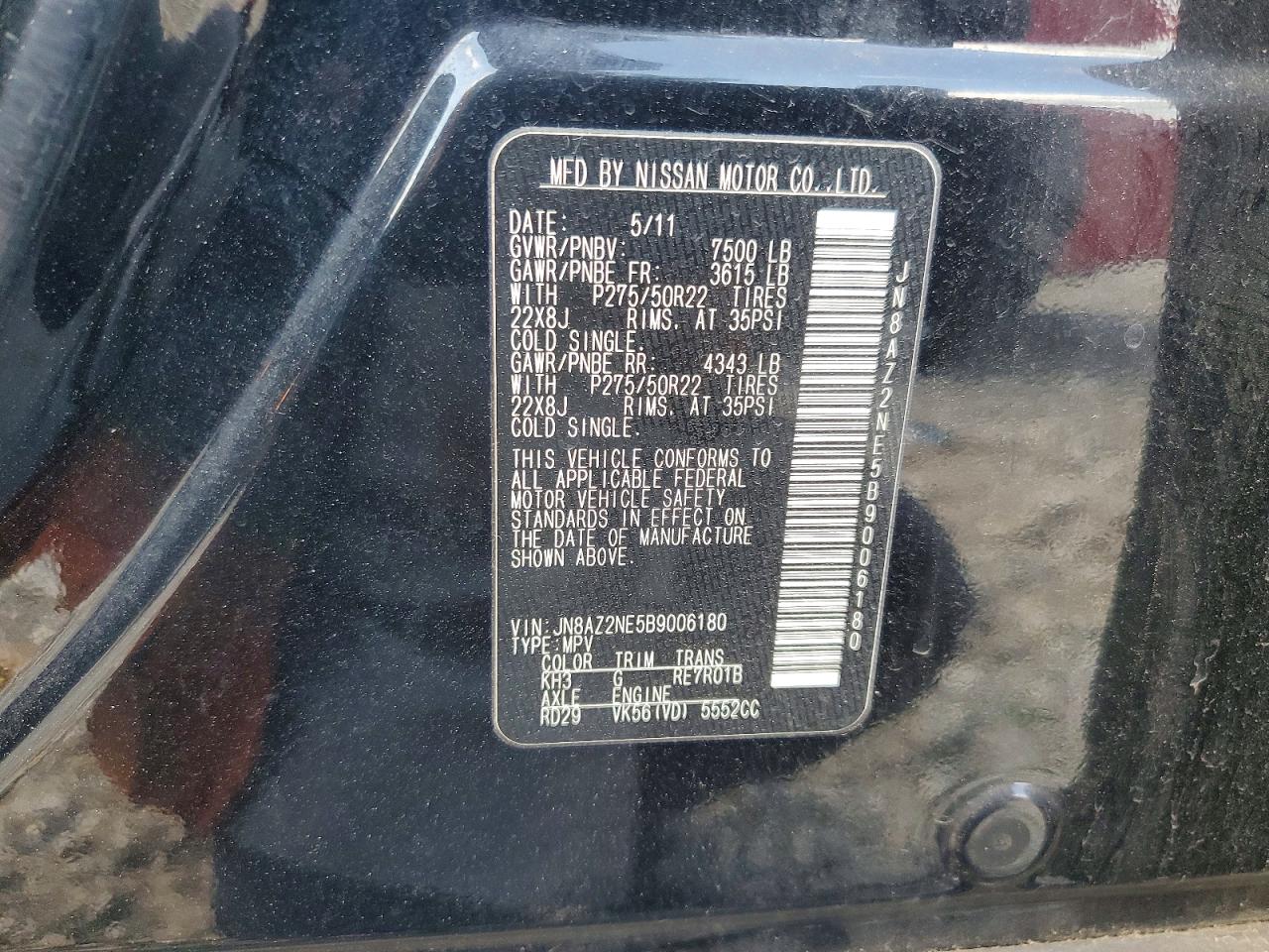 2011 Infiniti Qx56 Base Black vin: JN8AZ2NE5B9006180