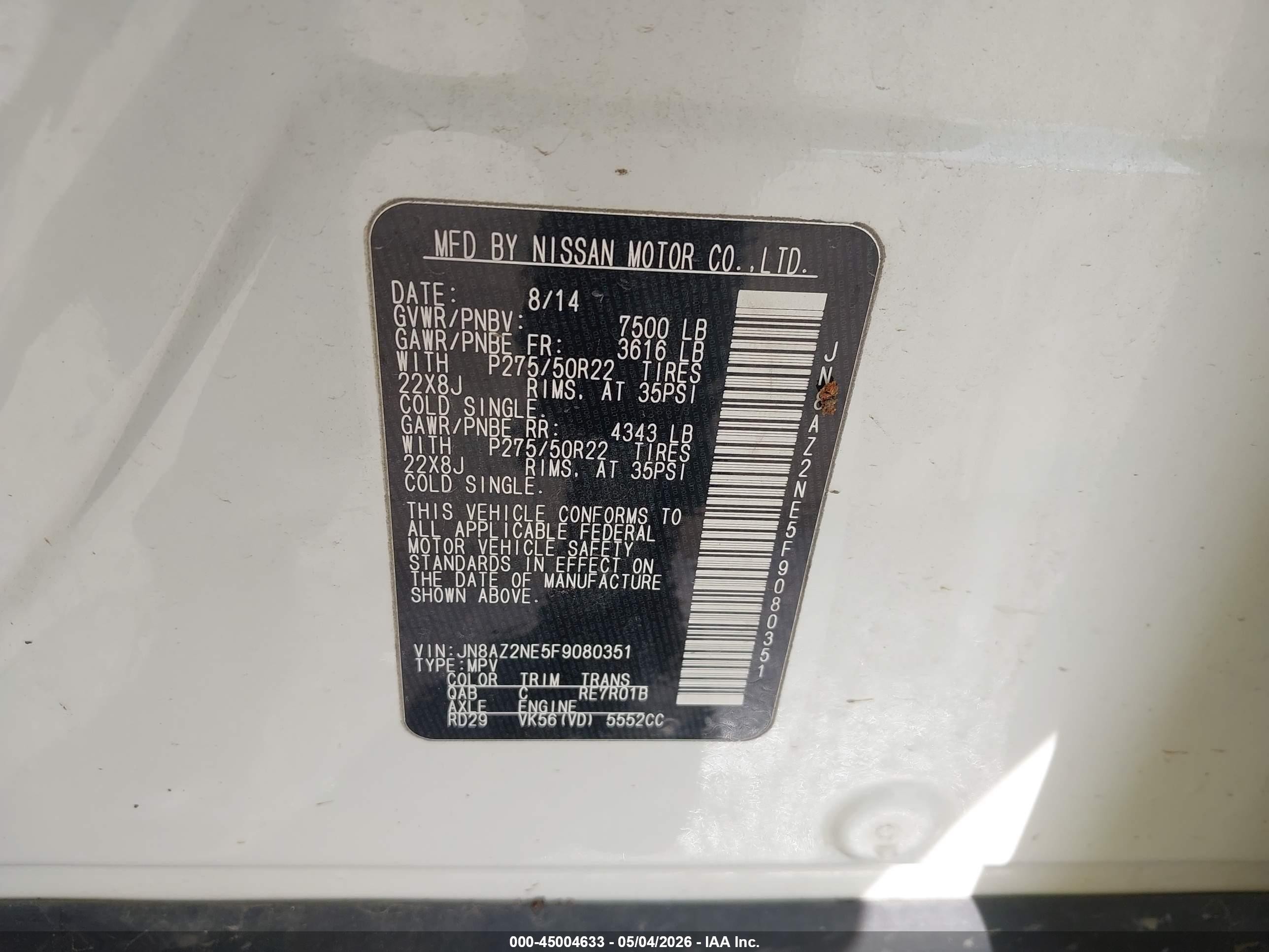 2015 Infiniti Qx80 White vin: JN8AZ2NE5F9080351