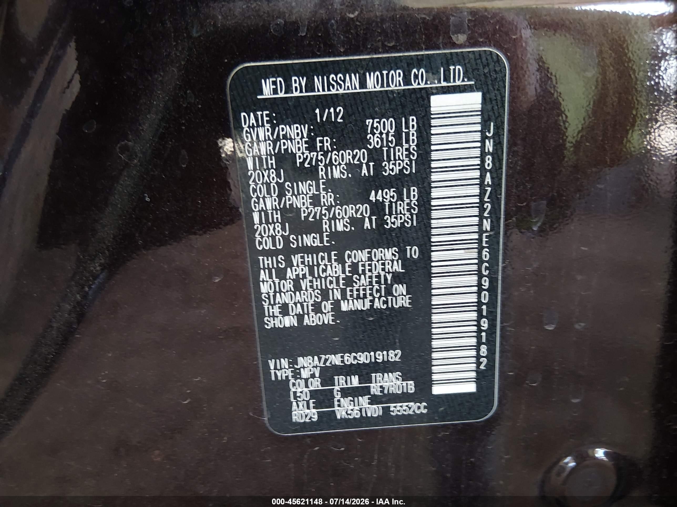 2012 Infiniti Qx56   Brown vin: JN8AZ2NE6C9019182