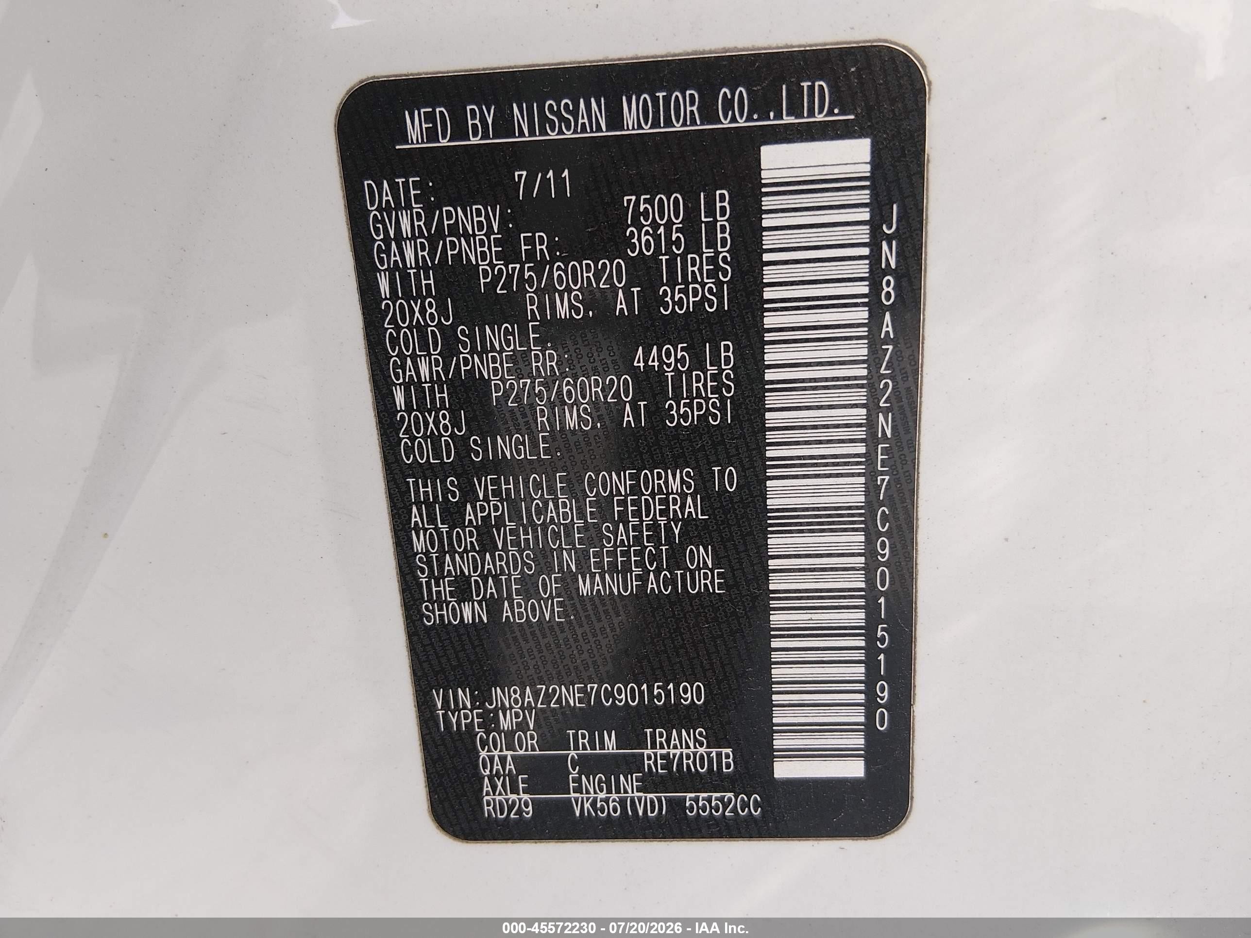 2012 Infiniti Qx56   White vin: JN8AZ2NE7C9015190
