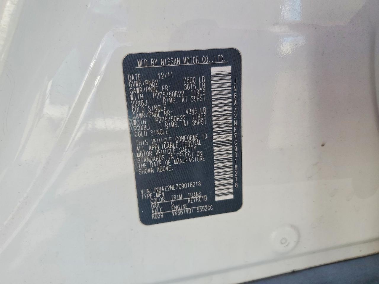 2012 Infiniti Qx56 Base Белый vin: JN8AZ2NE7C9018218