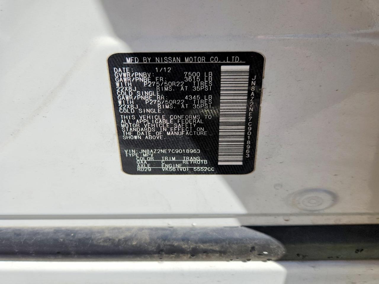2012 Infiniti Qx56 Base White vin: JN8AZ2NE7C9018963