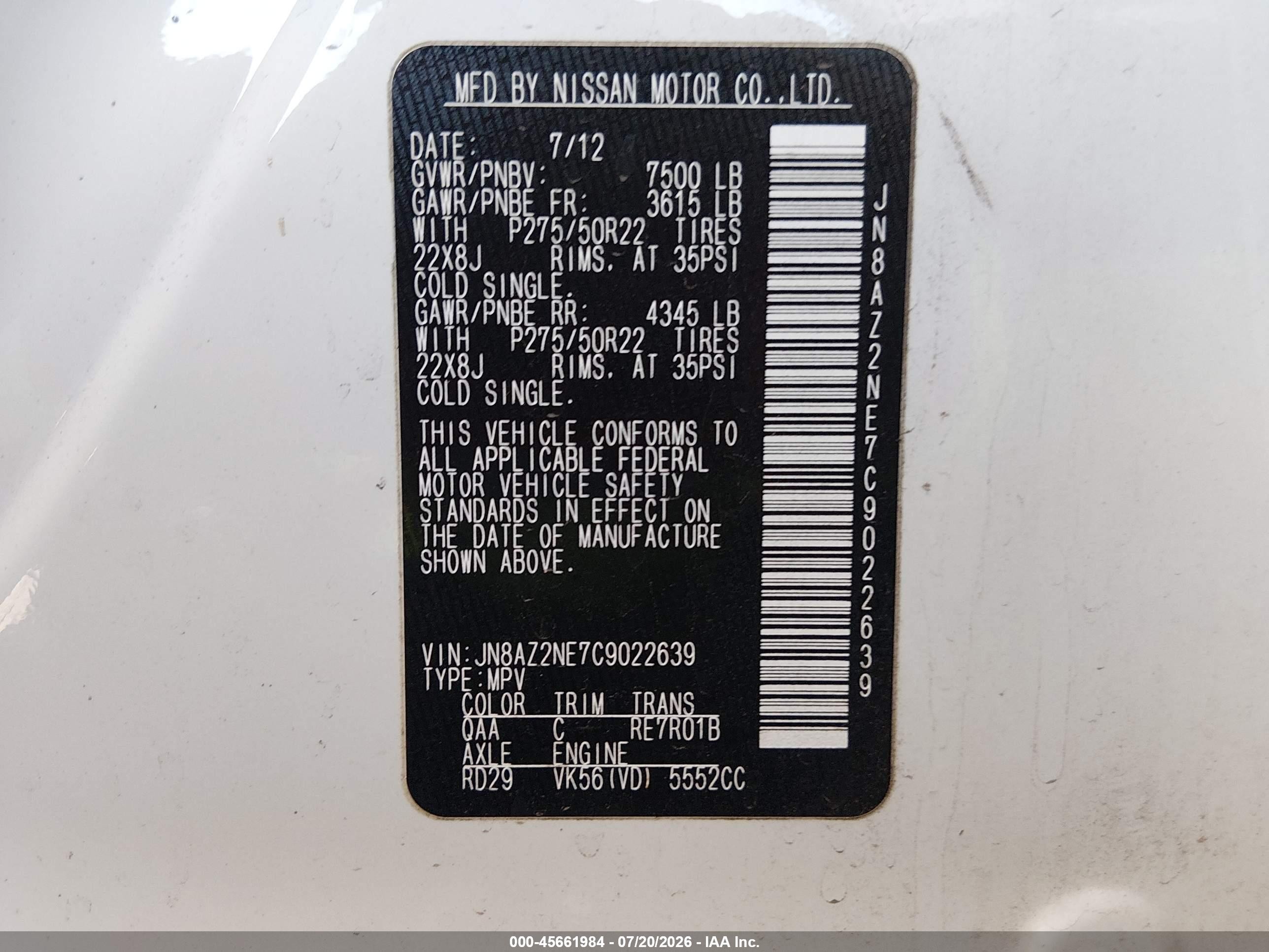 2012 Infiniti Qx56   White vin: JN8AZ2NE7C9022639