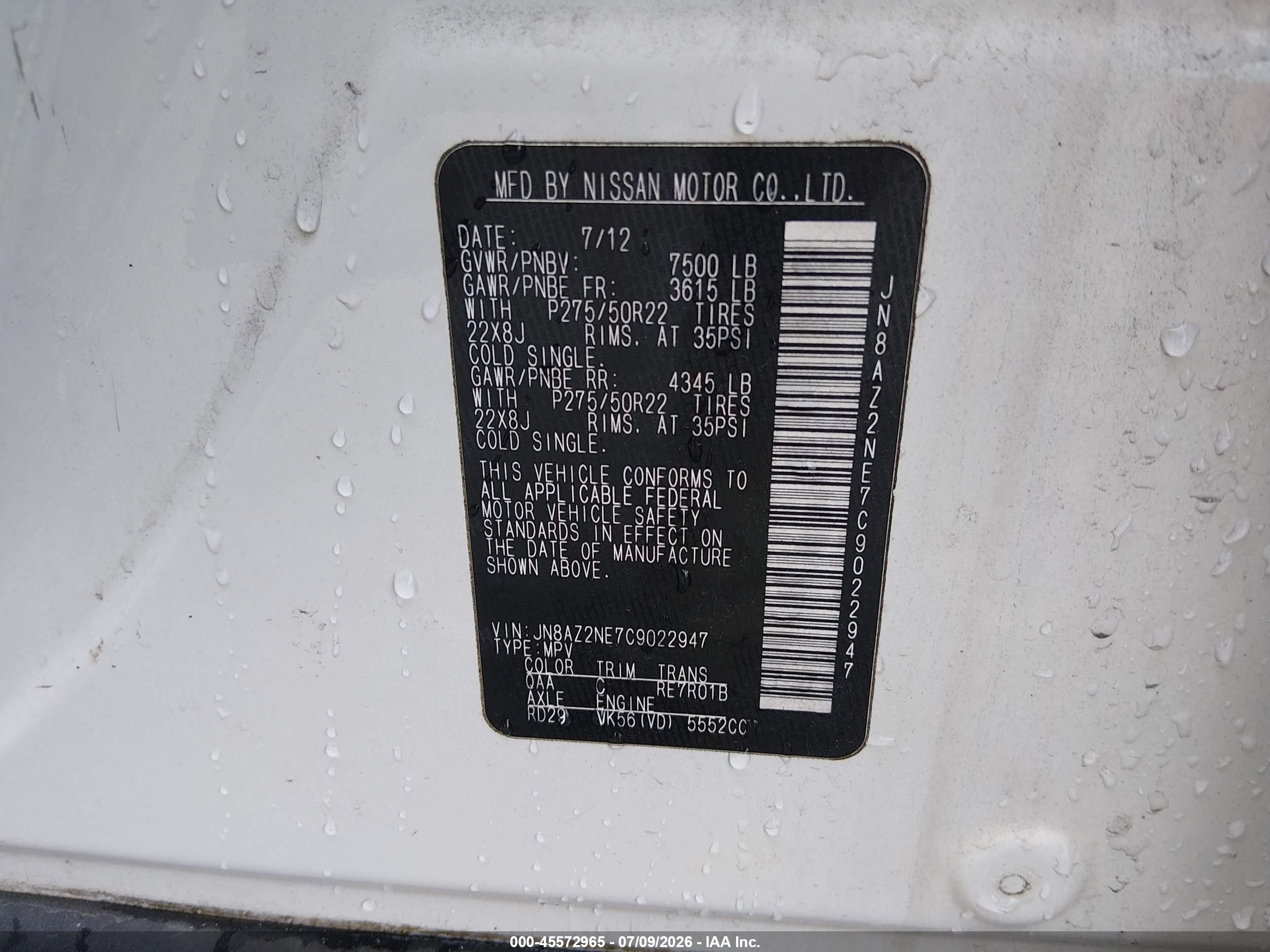 2012 Infiniti Qx56   White vin: JN8AZ2NE7C9022947
