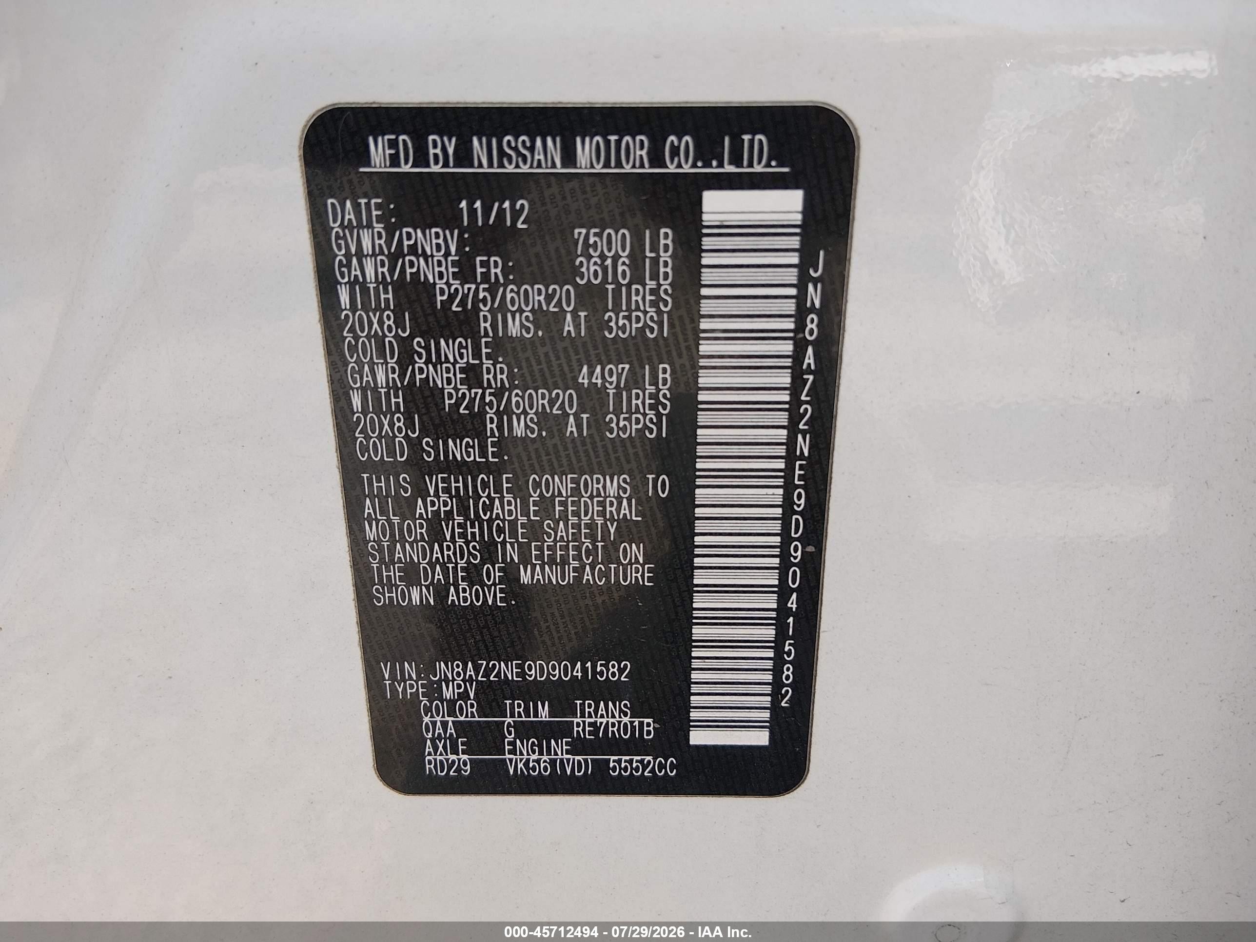 2013 Infiniti Qx56   White vin: JN8AZ2NE9D9041582