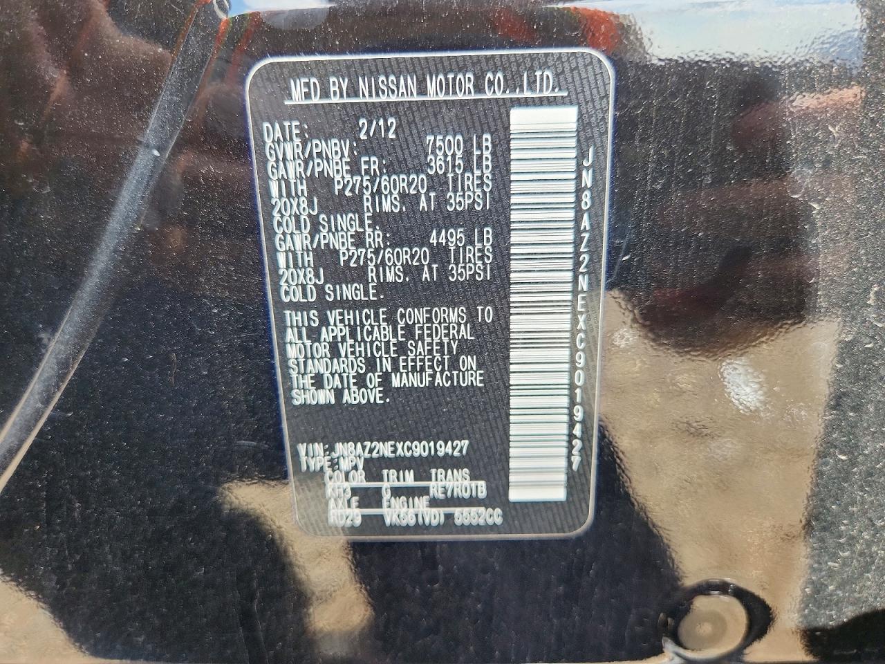 2012 Infiniti Qx56 Base Black vin: JN8AZ2NEXC9019427