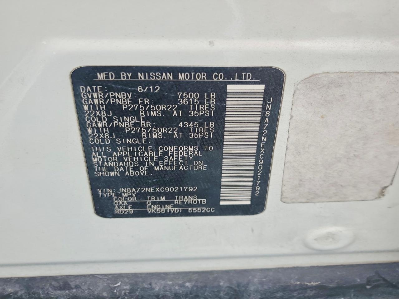 2012 Infiniti Qx56 Base White vin: JN8AZ2NEXC9021792