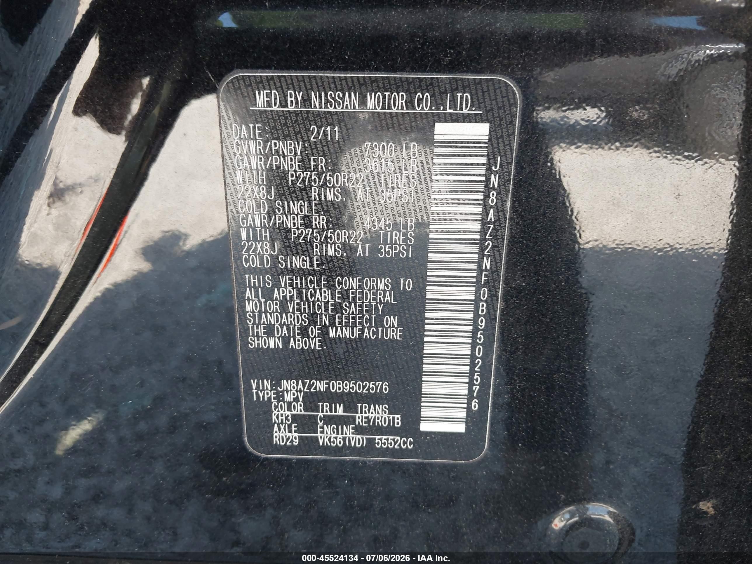 2011 Infiniti Qx56   Black vin: JN8AZ2NF0B9502576