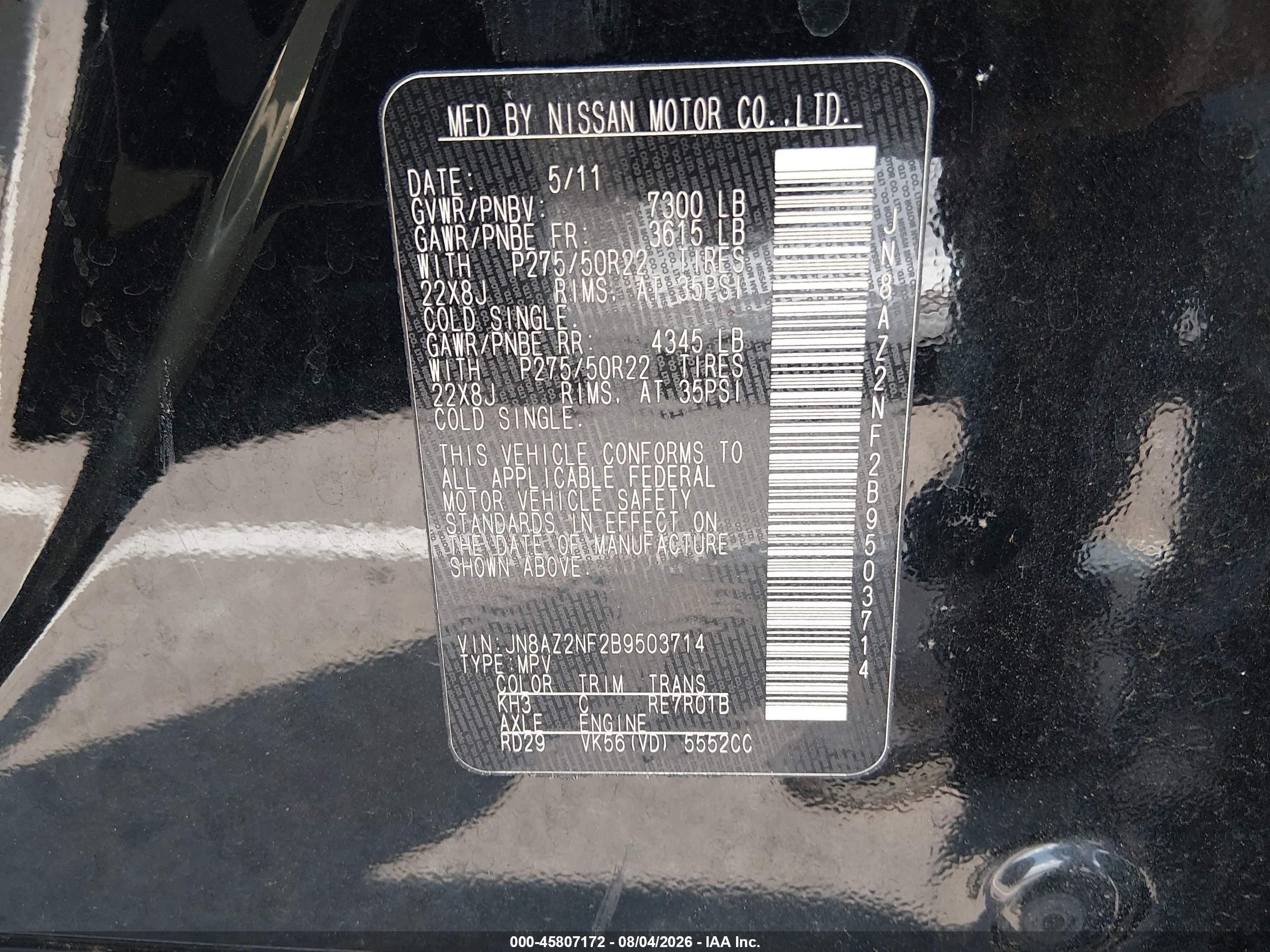 2011 Infiniti Qx56   Black vin: JN8AZ2NF2B9503714