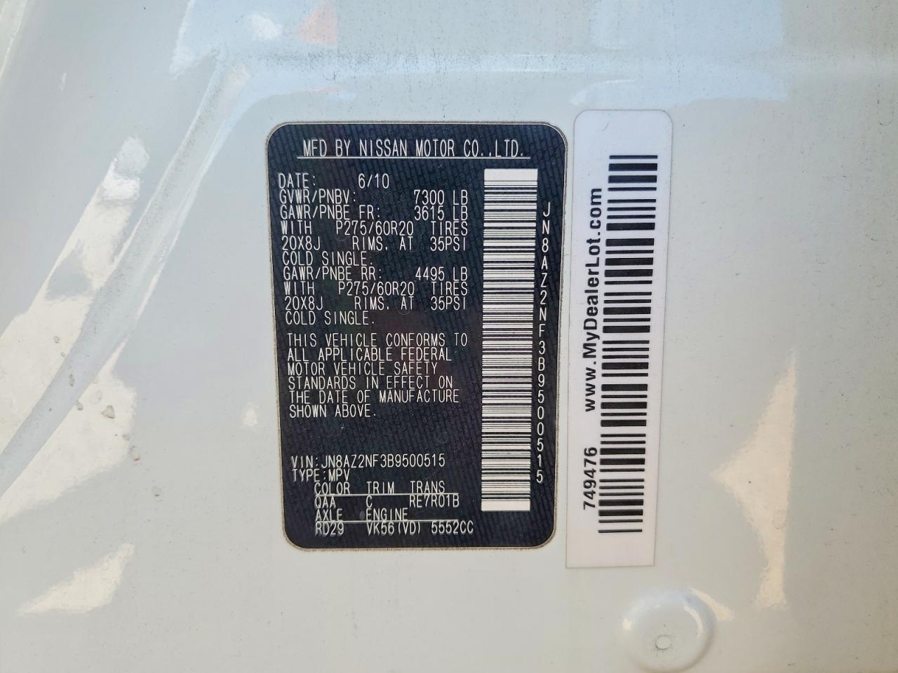 2011 Infiniti Qx56 Base White vin: JN8AZ2NF3B9500515