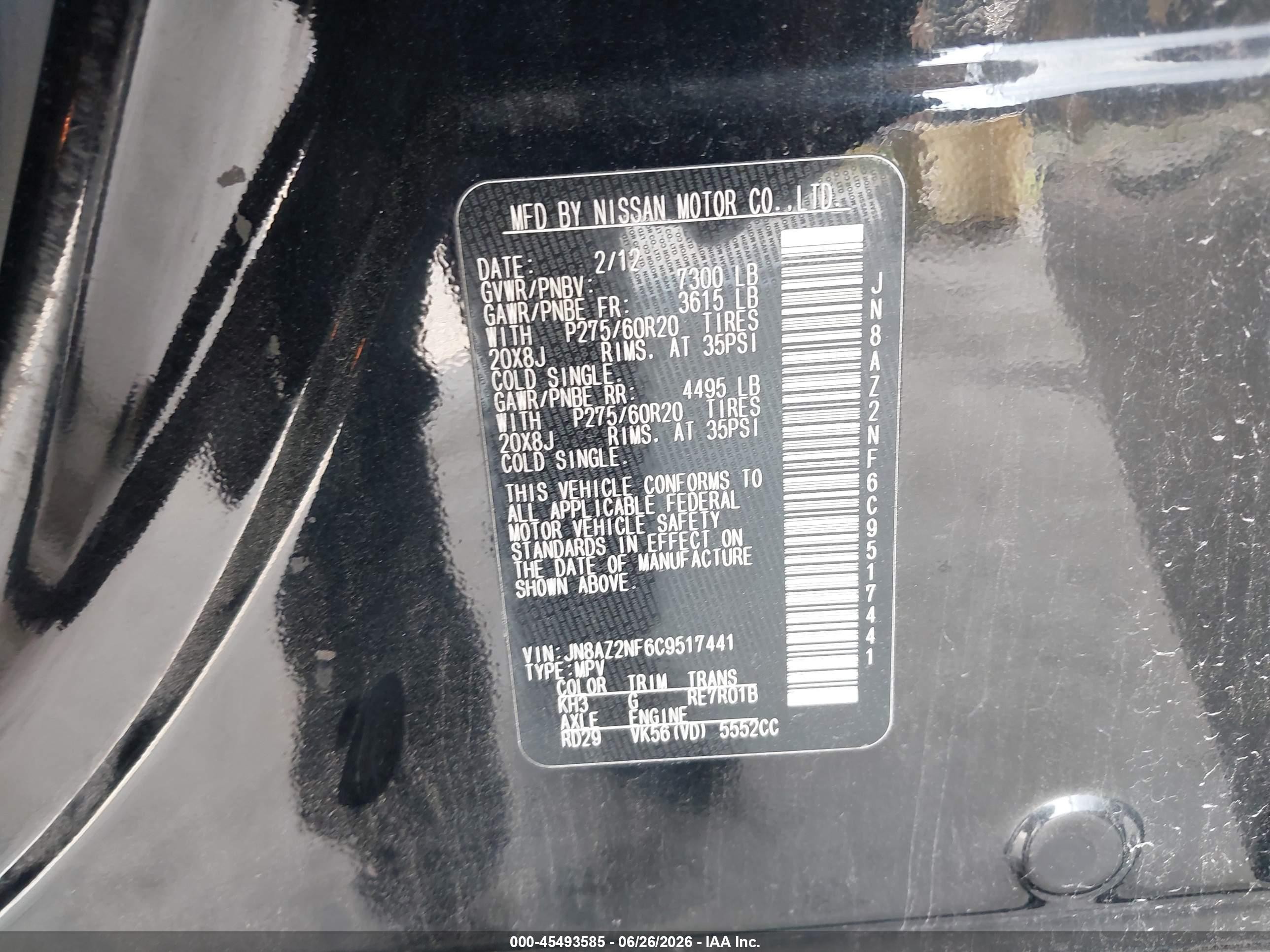 2012 Infiniti Qx56 Black vin: JN8AZ2NF6C9517441