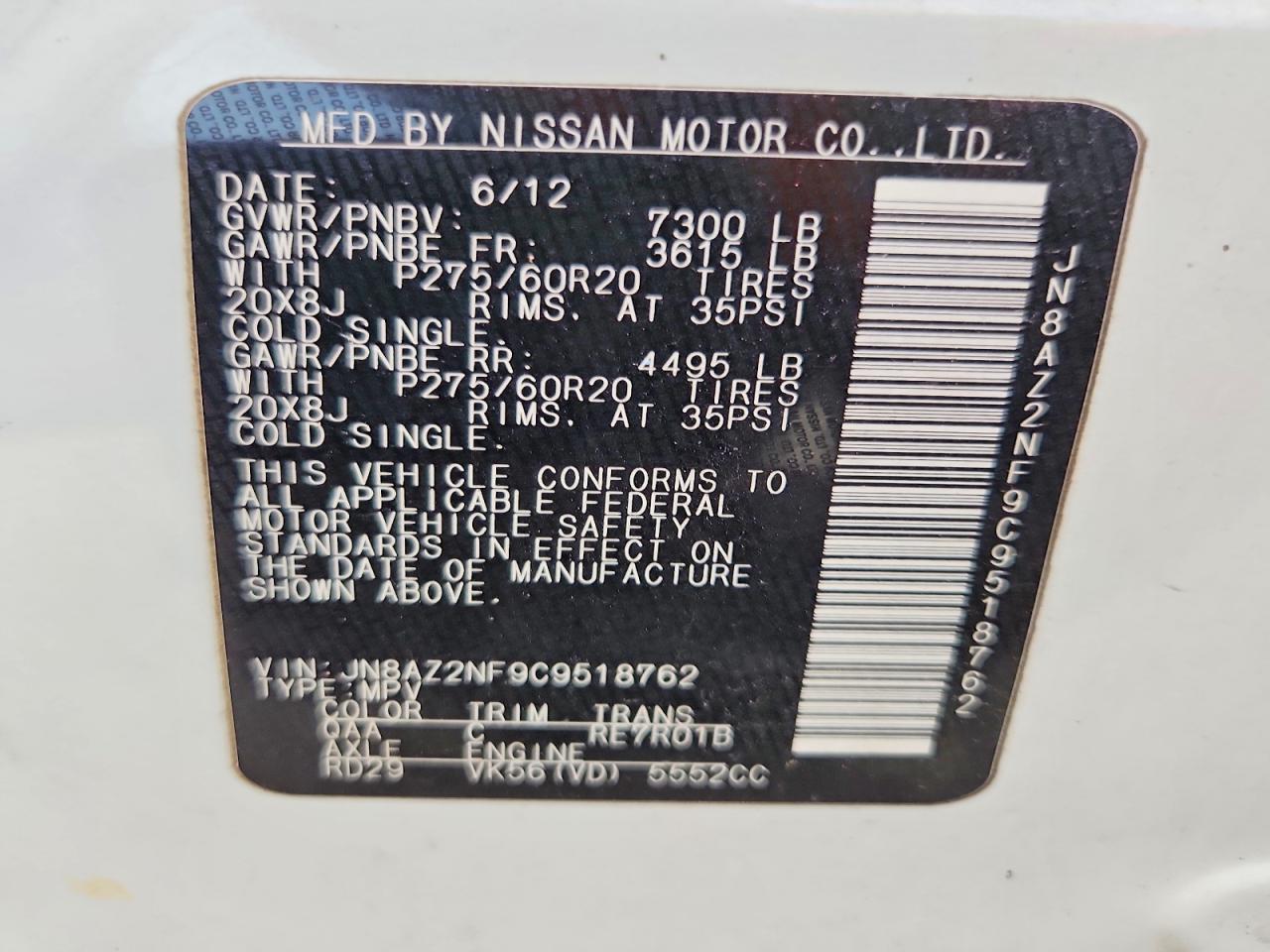 2012 Infiniti Qx56 Base Белый vin: JN8AZ2NF9C9518762