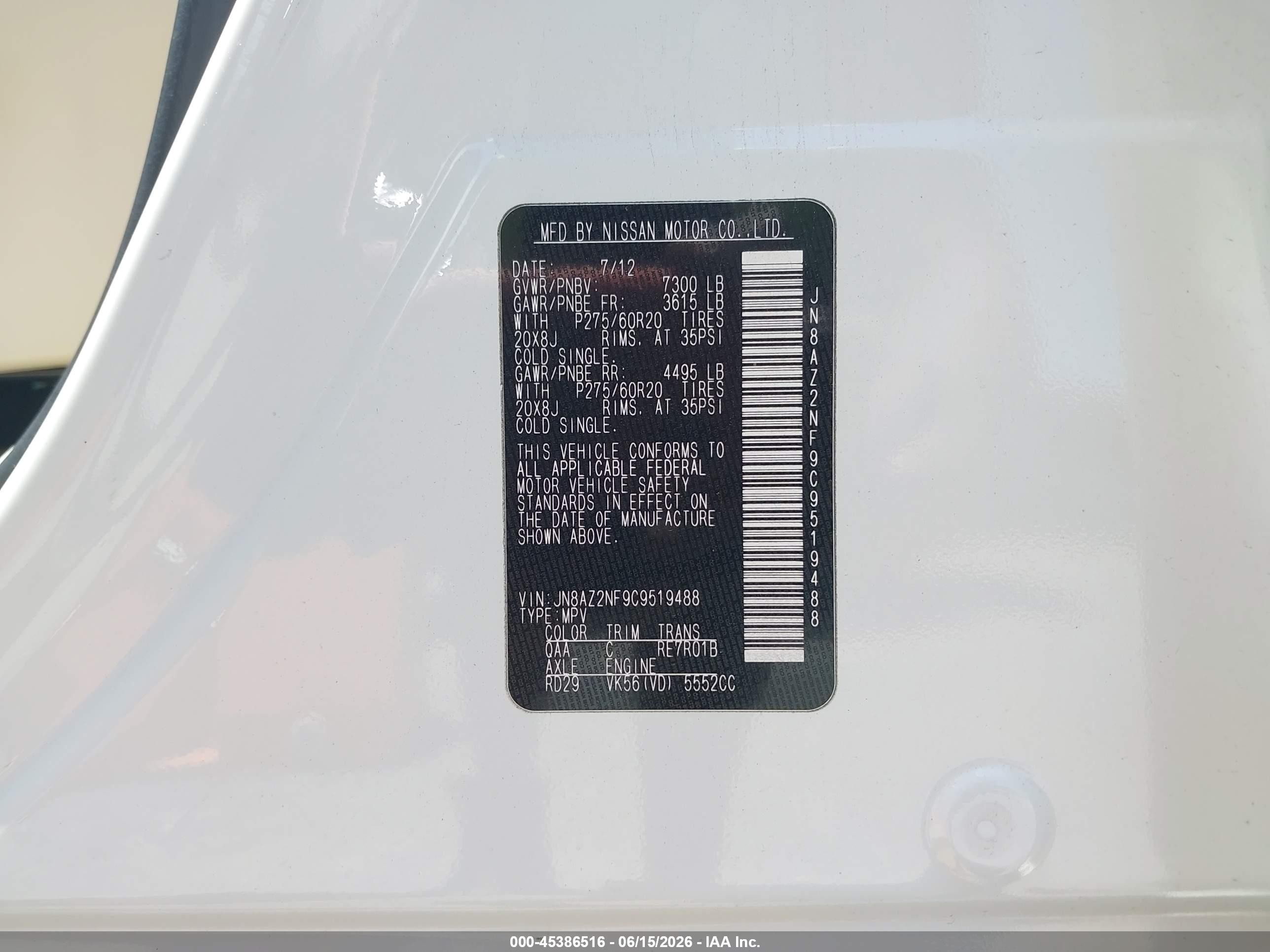 2012 Infiniti Qx56   White vin: JN8AZ2NF9C9519488