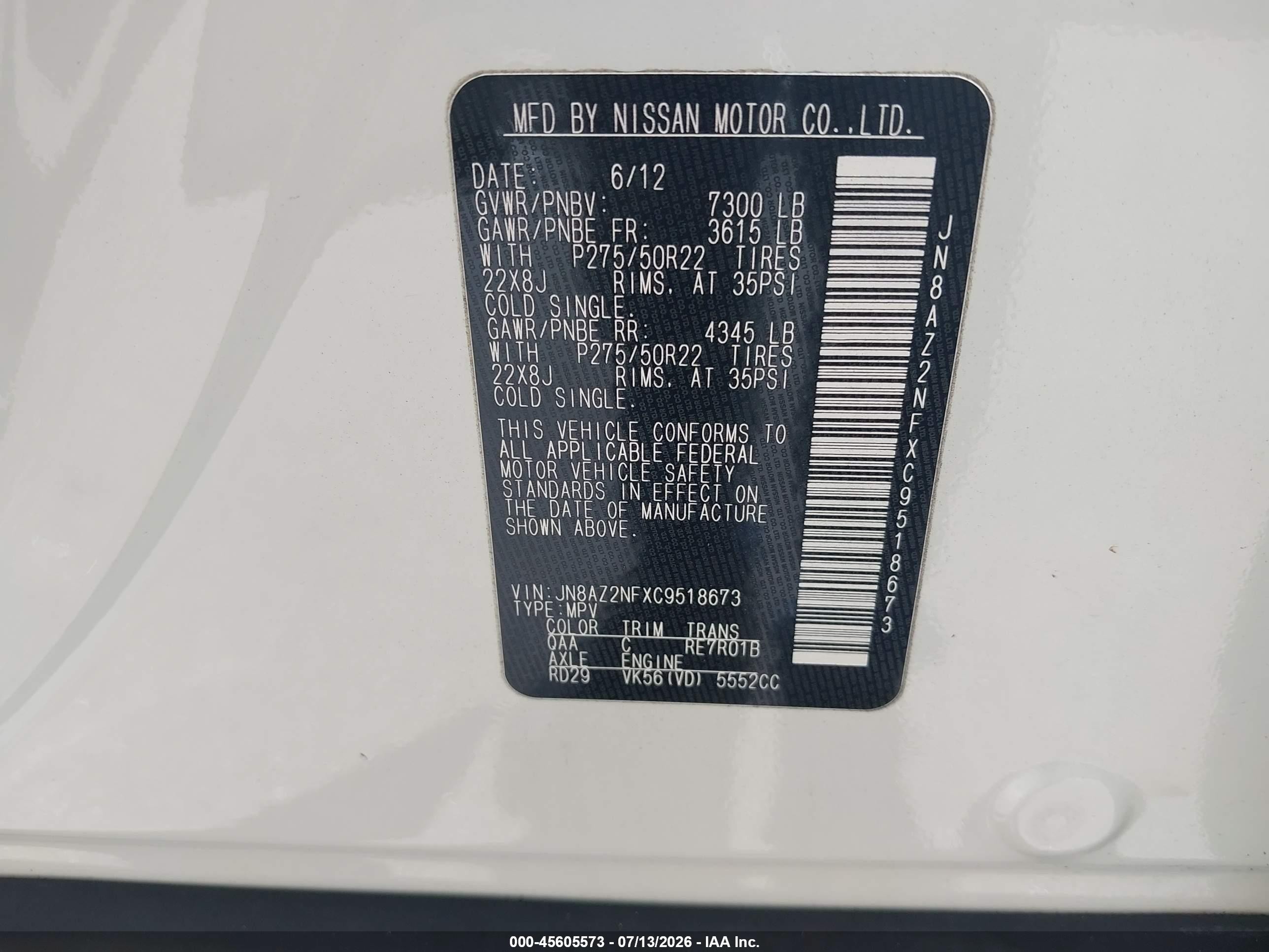 2012 Infiniti Qx56 White vin: JN8AZ2NFXC9518673