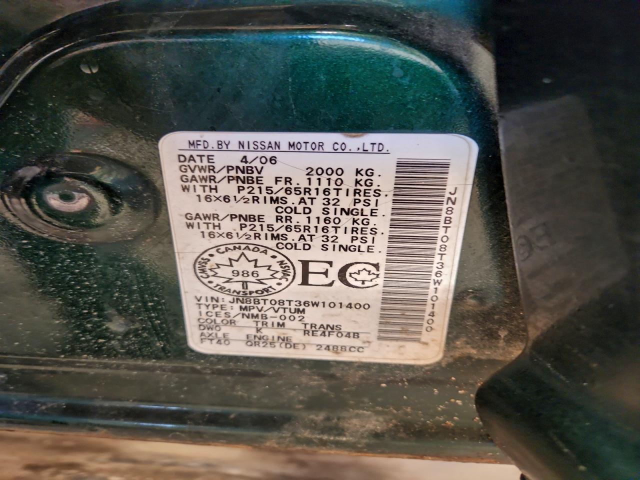 2006 Nissan X-trail Xe Green vin: JN8BT08T36W101400