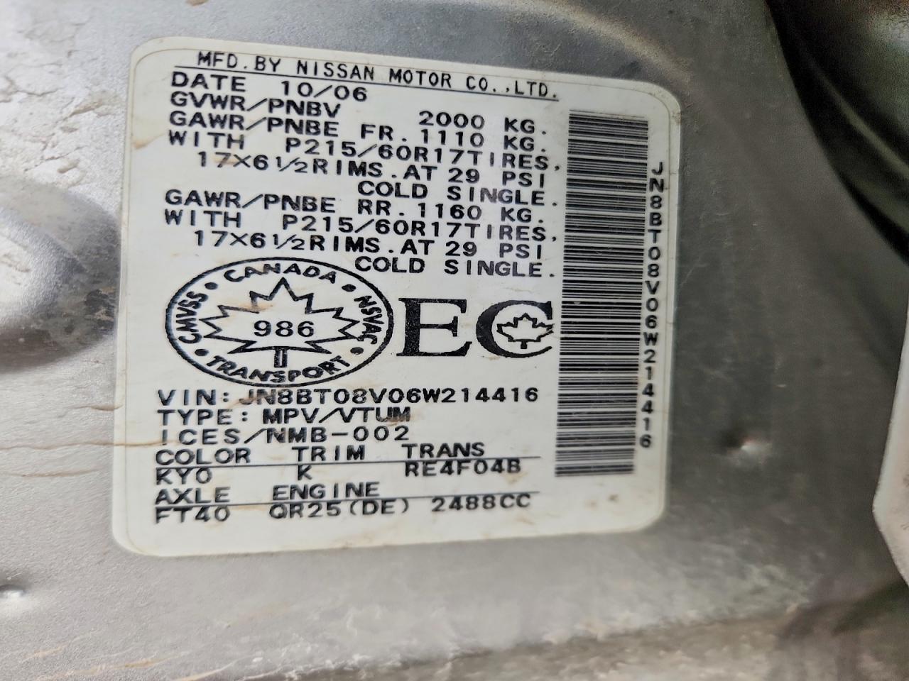2006 Nissan X-trail Xe Silver vin: JN8BT08V06W214416