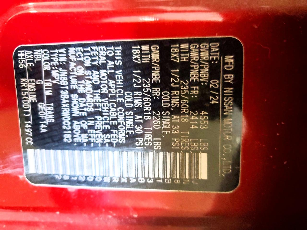 2024 Nissan Rogue Sv Red vin: JN8BT3BAXRW002182