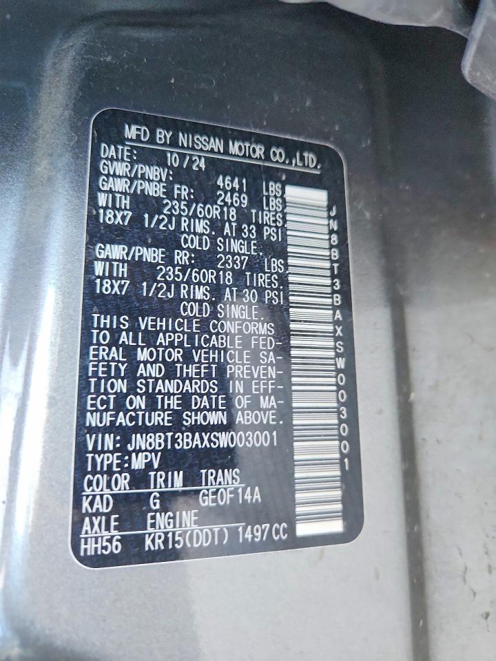 2025 Nissan Rogue Sv Gray vin: JN8BT3BAXSW003001