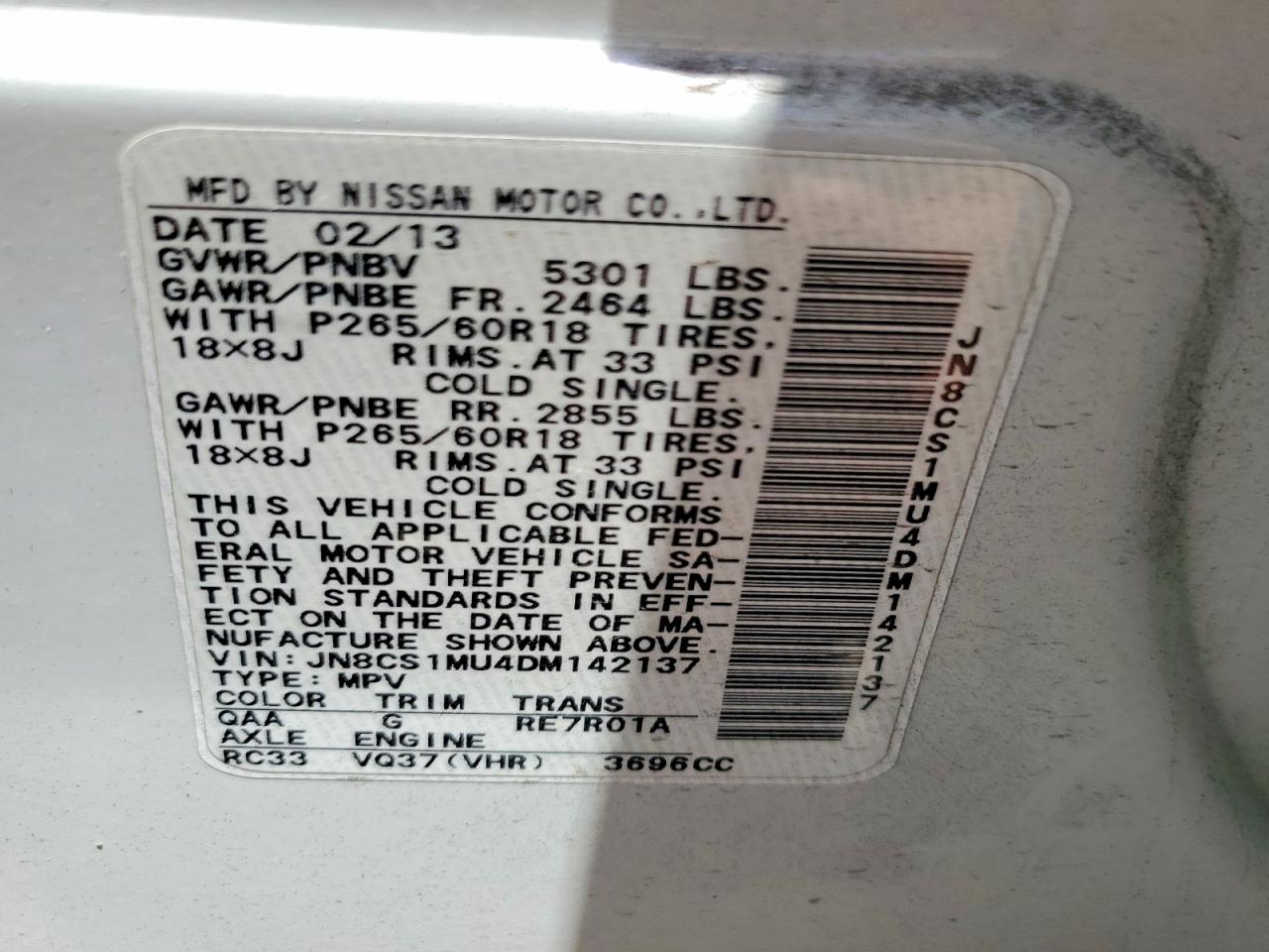 2013 Infiniti Fx37 Base White vin: JN8CS1MU4DM142137