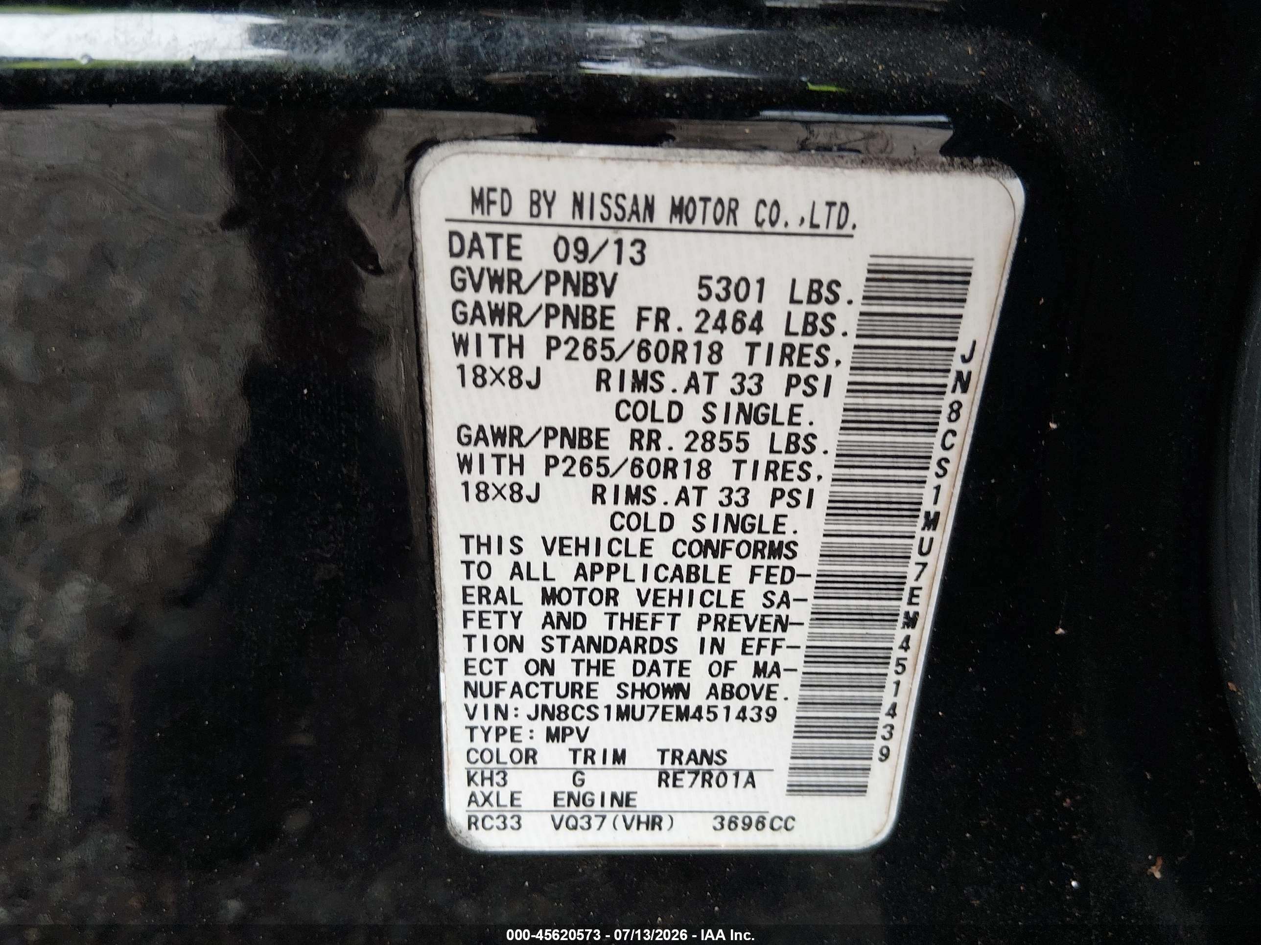 2014 Infiniti Qx70   Black vin: JN8CS1MU7EM451439