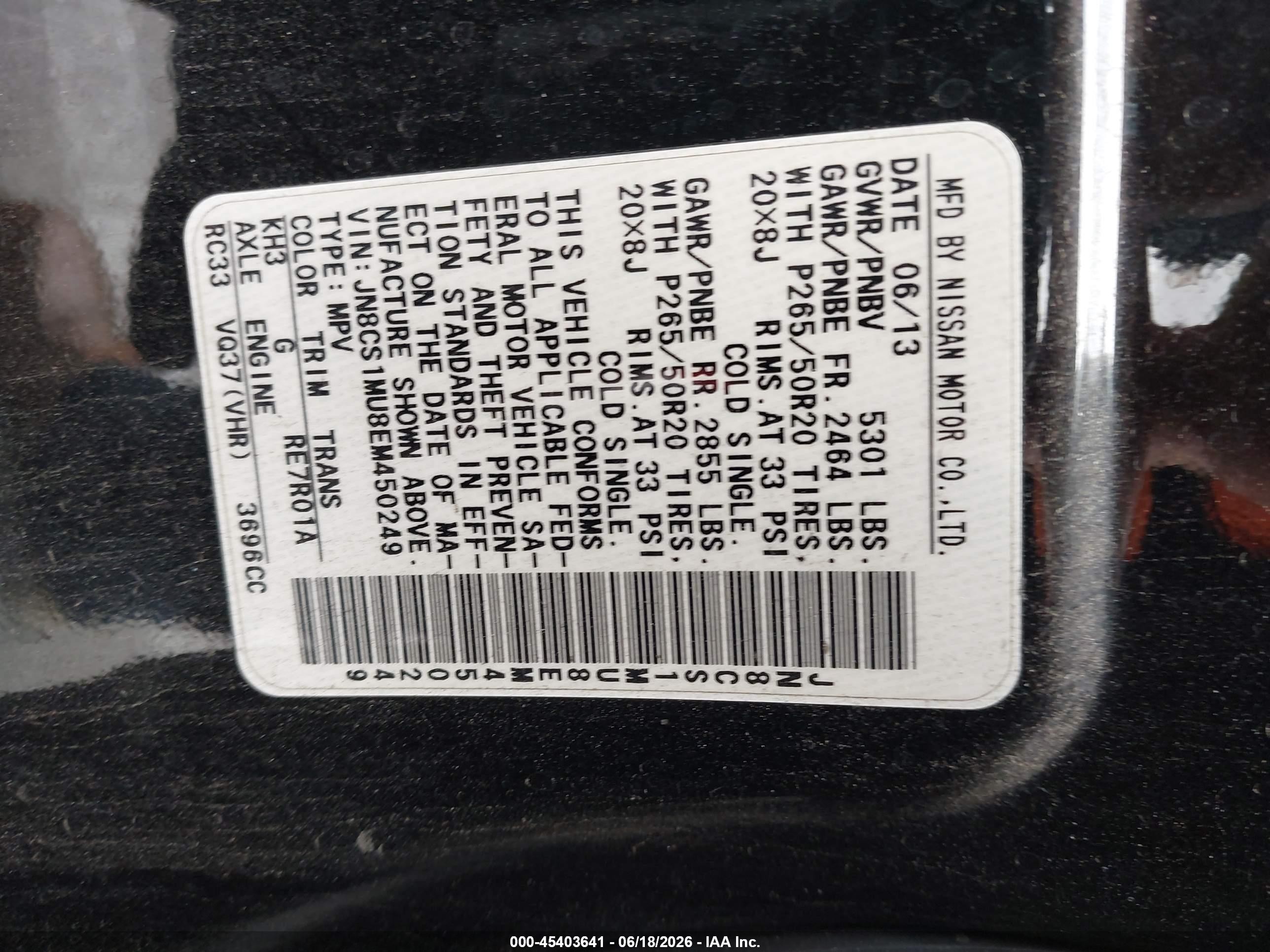 2014 Infiniti Qx70   Black vin: JN8CS1MU8EM450249