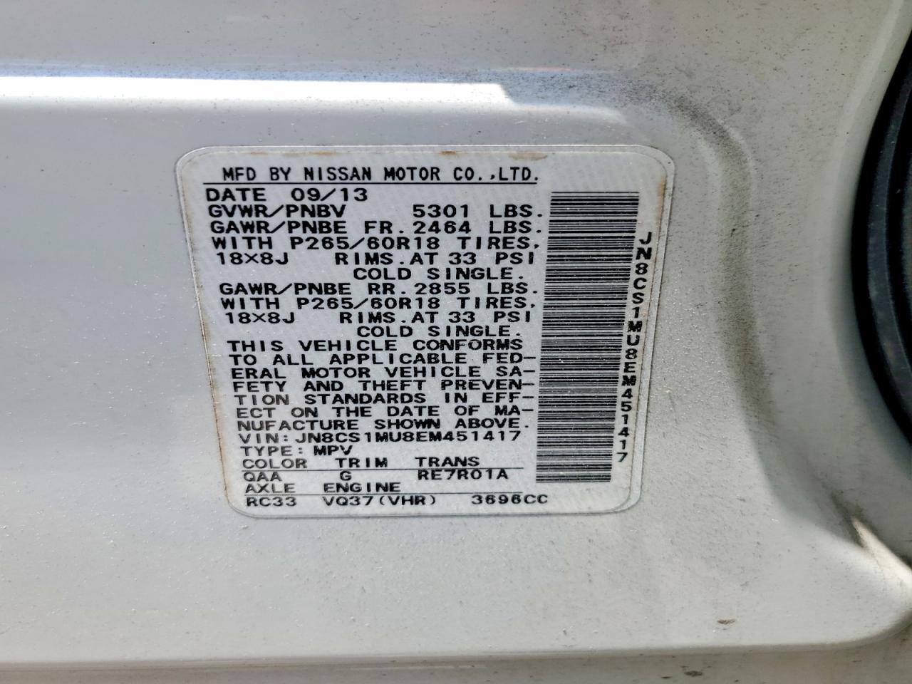 2014 Infiniti Qx70 Base White vin: JN8CS1MU8EM451417