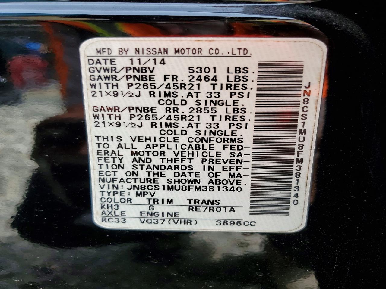 2015 Infiniti Qx70 Base Черный vin: JN8CS1MU8FM381340