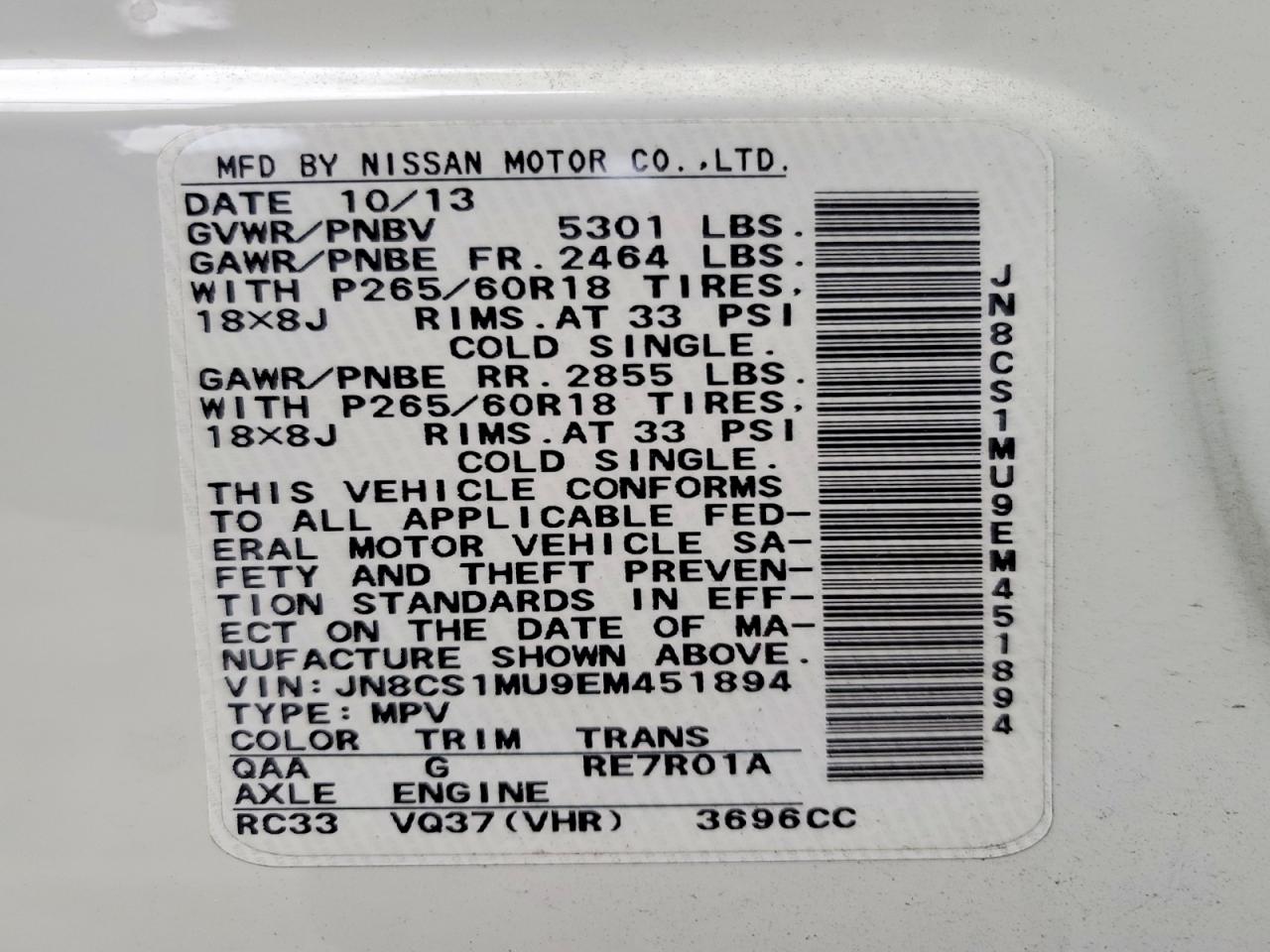 2014 Infiniti Qx70 Base White vin: JN8CS1MU9EM451894