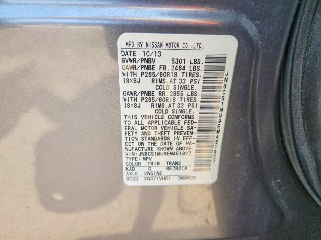 2014 Infiniti Qx70 Base Gray vin: JN8CS1MU9EM451927