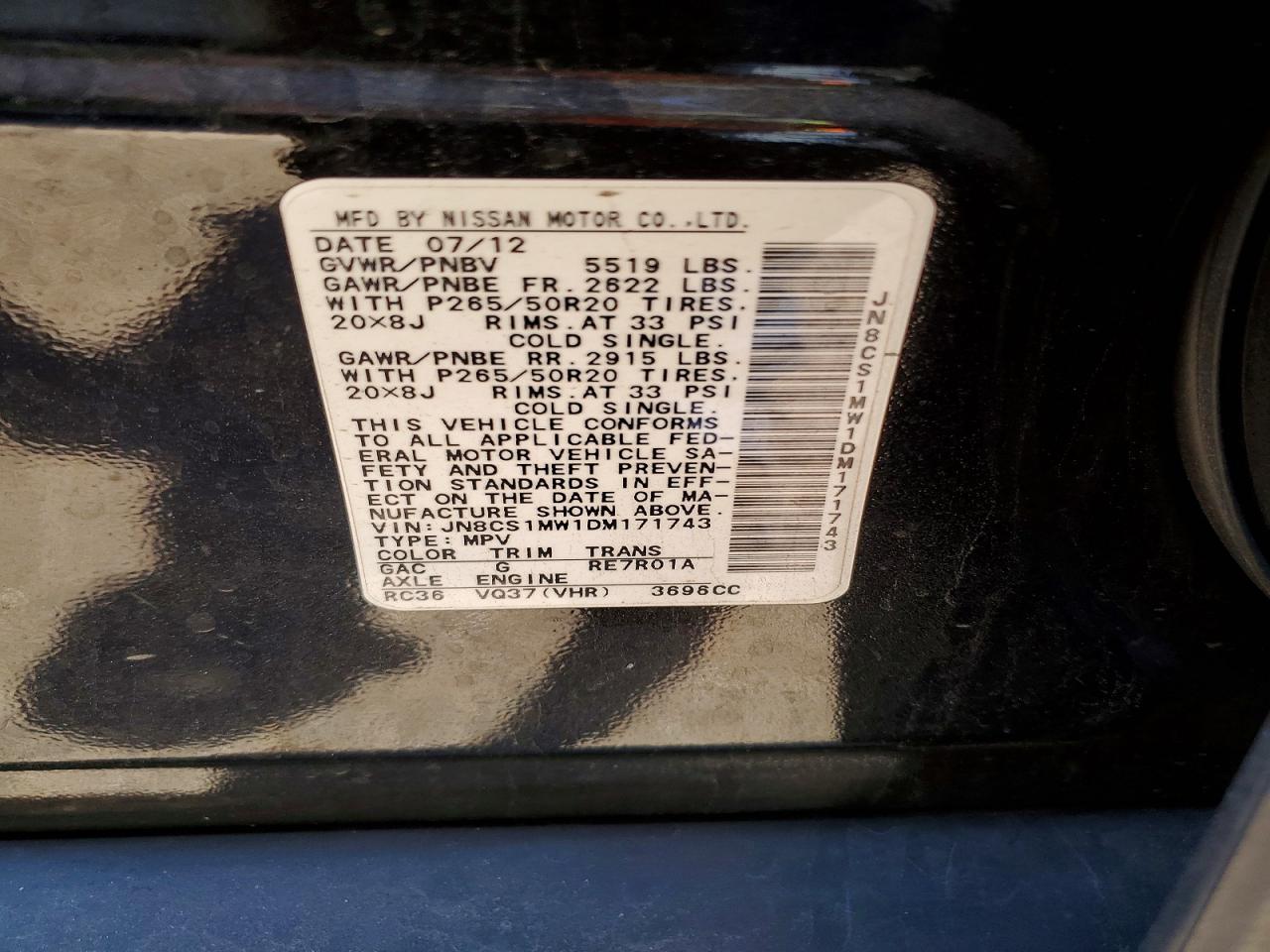 2013 Infiniti Fx37 Base Black vin: JN8CS1MW1DM171743