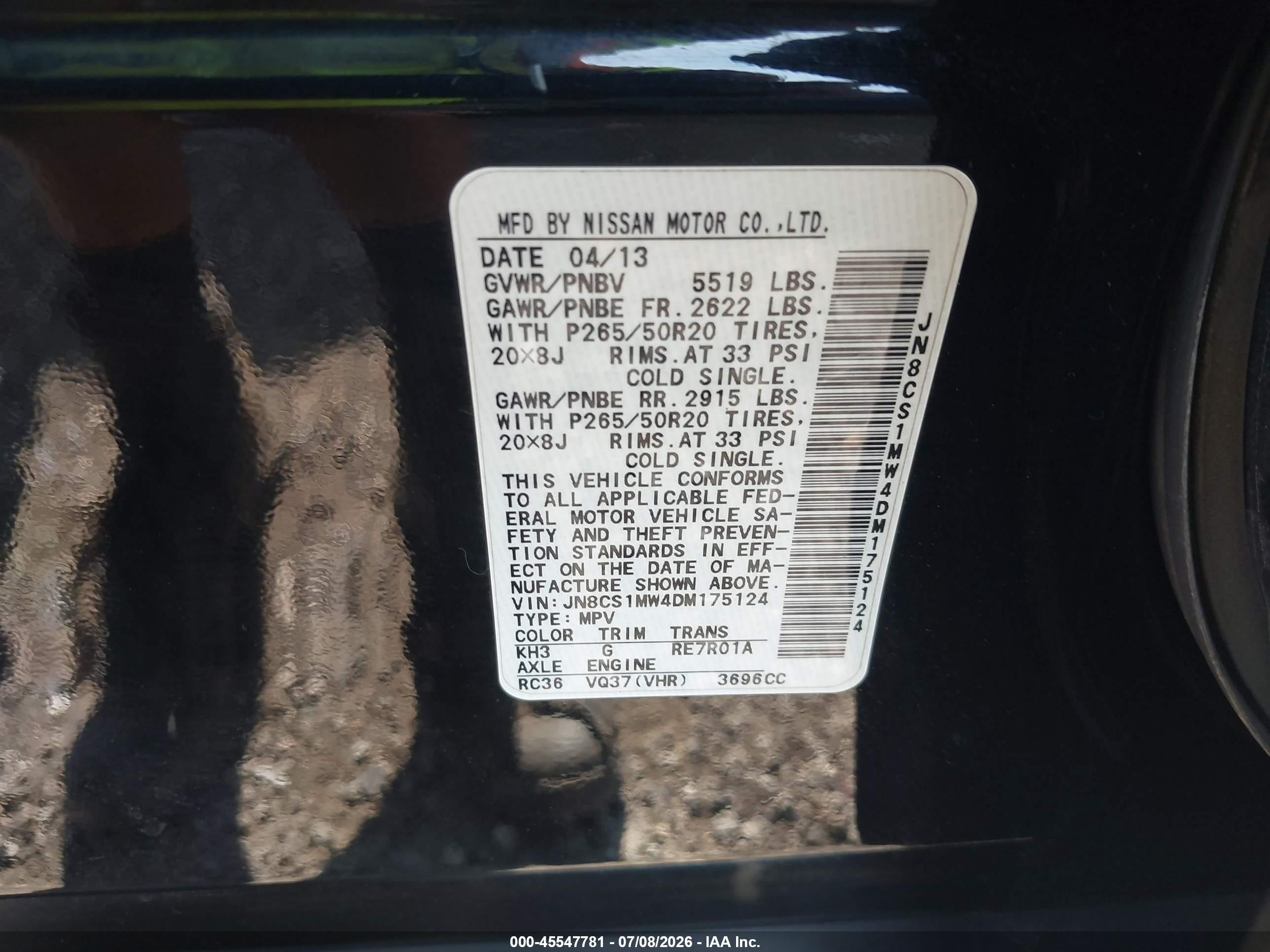 2013 Infiniti Fx37   Black vin: JN8CS1MW4DM175124