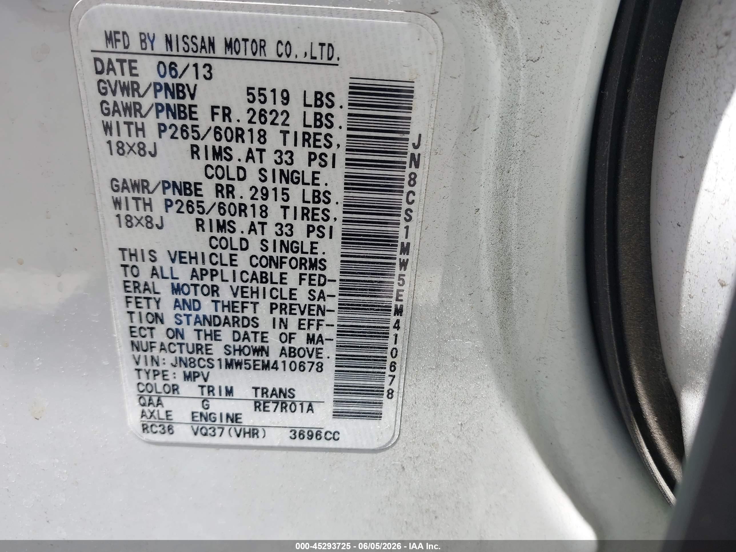 2014 Infiniti Qx70   White vin: JN8CS1MW5EM410678