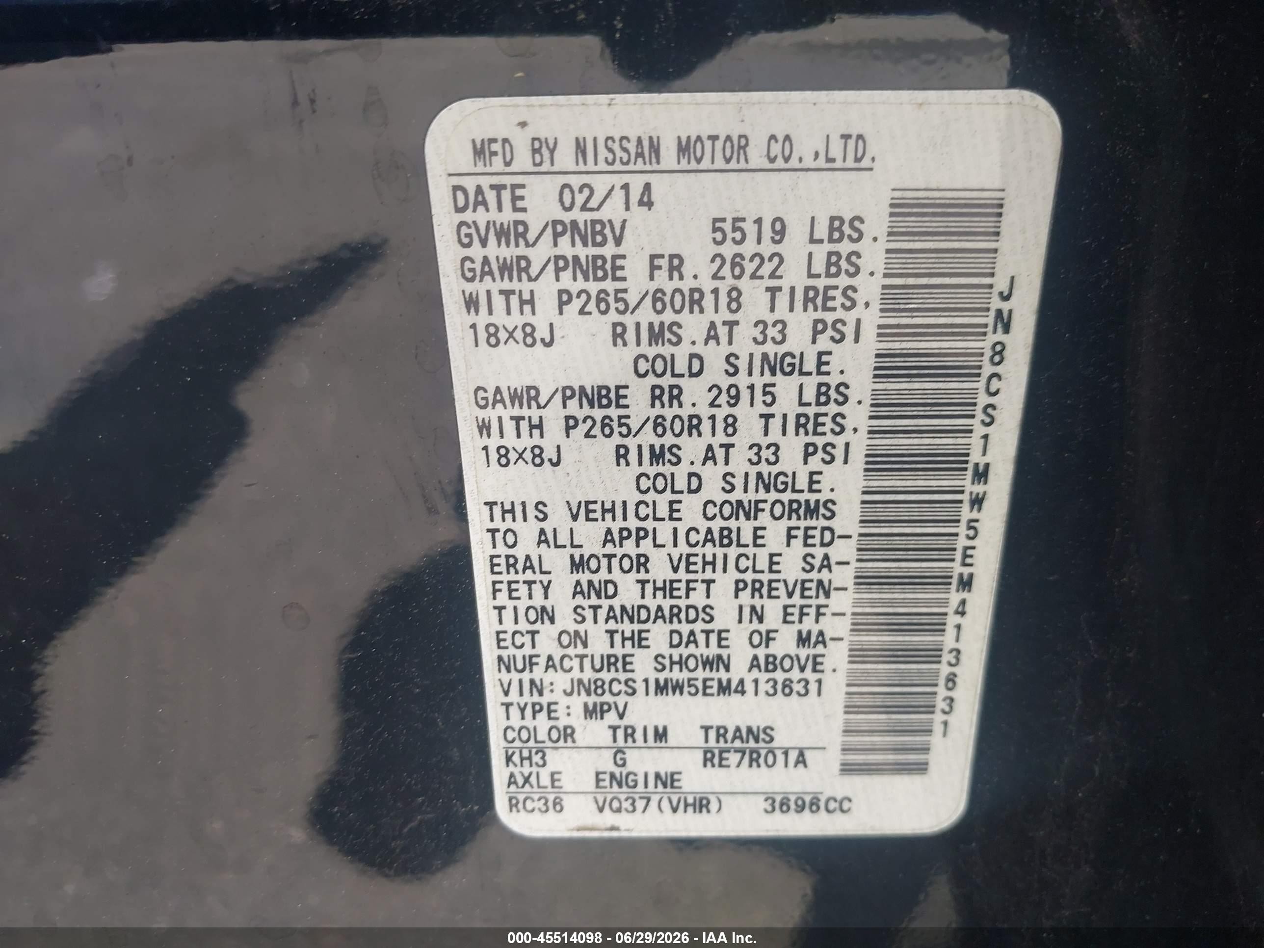 2014 Infiniti Qx70   Black vin: JN8CS1MW5EM413631