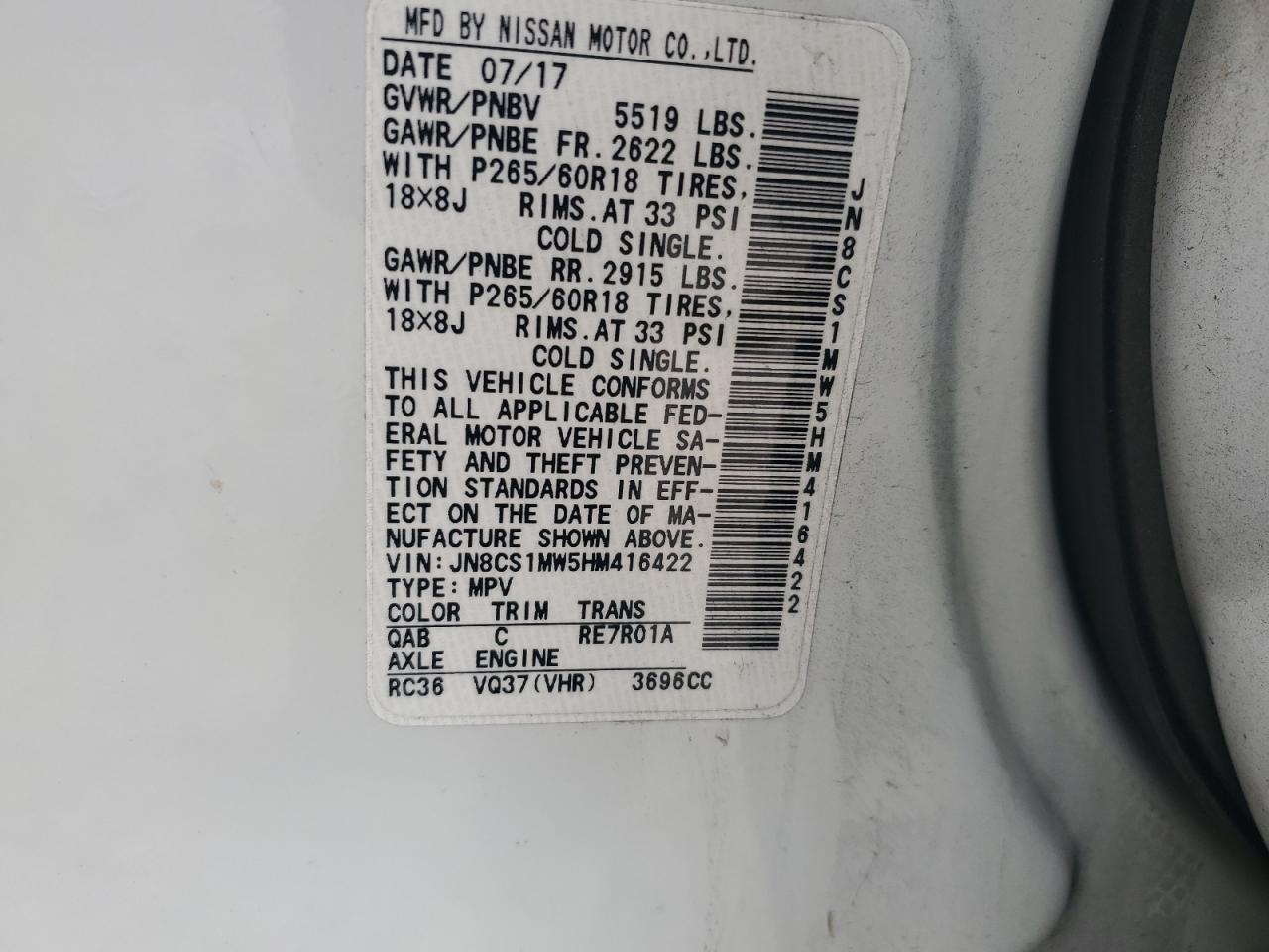2017 Infiniti Qx70  White vin: JN8CS1MW5HM416422