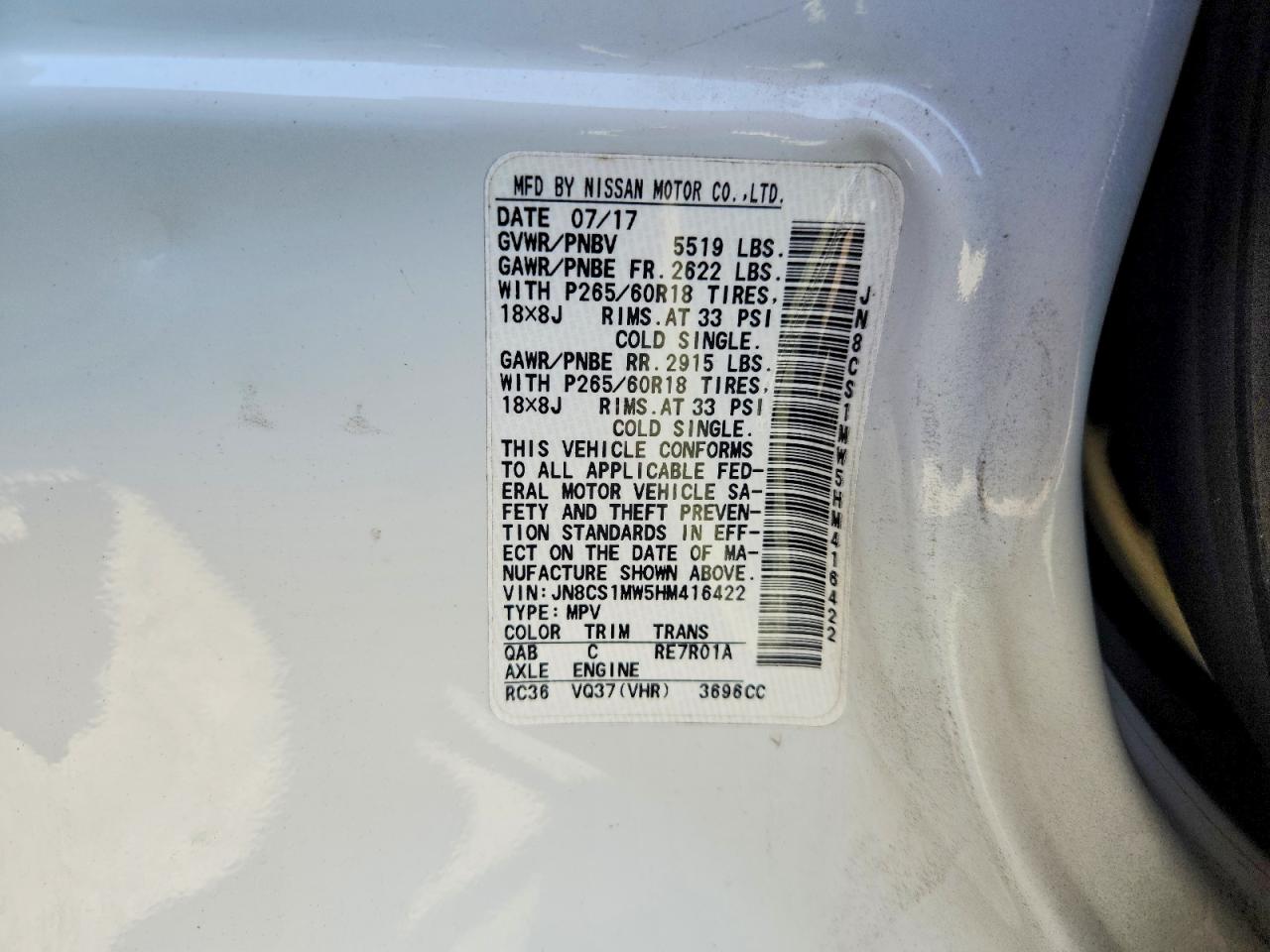 2017 Infiniti Qx70 Base White vin: JN8CS1MW5HM416422