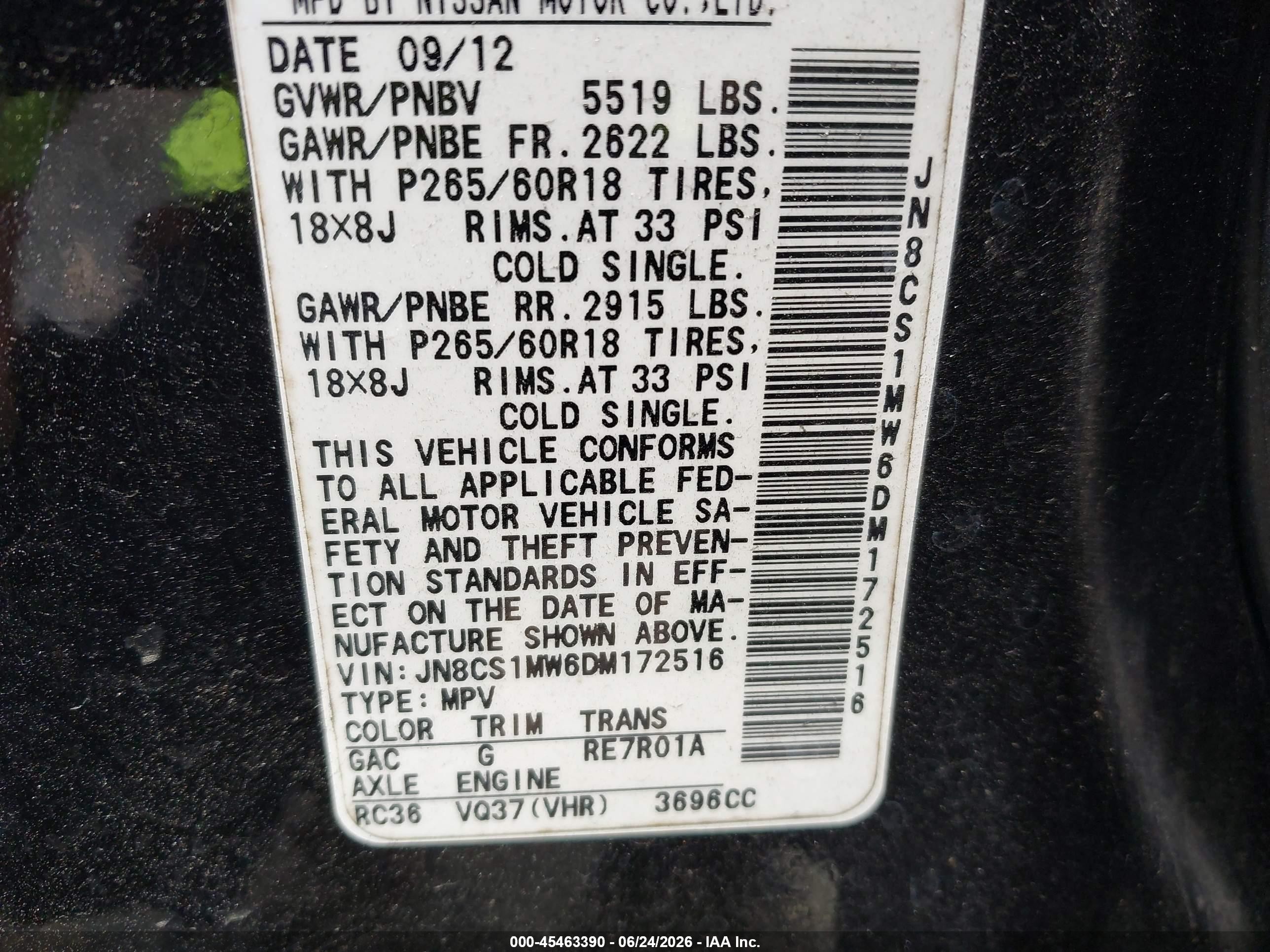 2013 Infiniti Fx37   Black vin: JN8CS1MW6DM172516