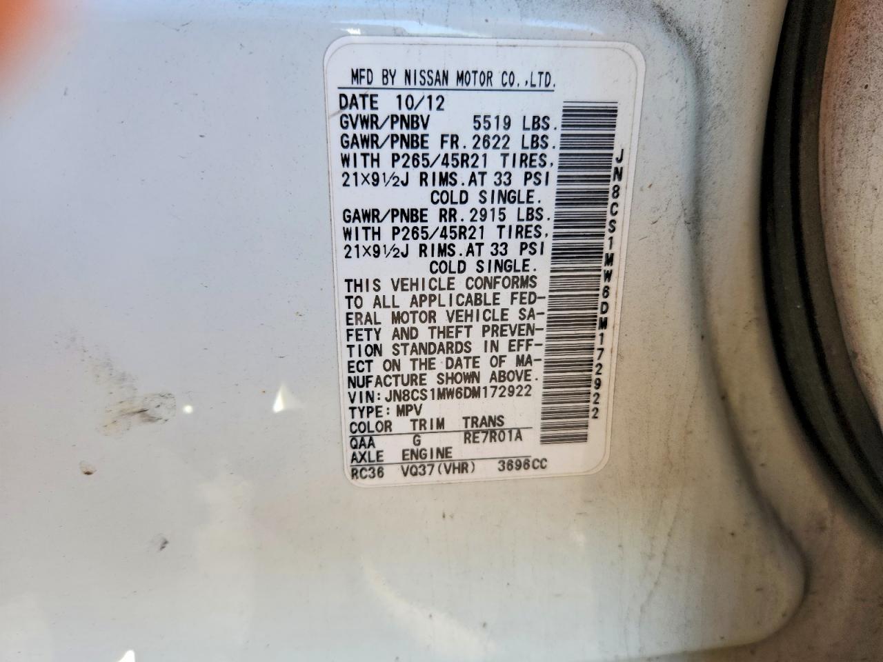 2013 Infiniti Fx37 Base White vin: JN8CS1MW6DM172922