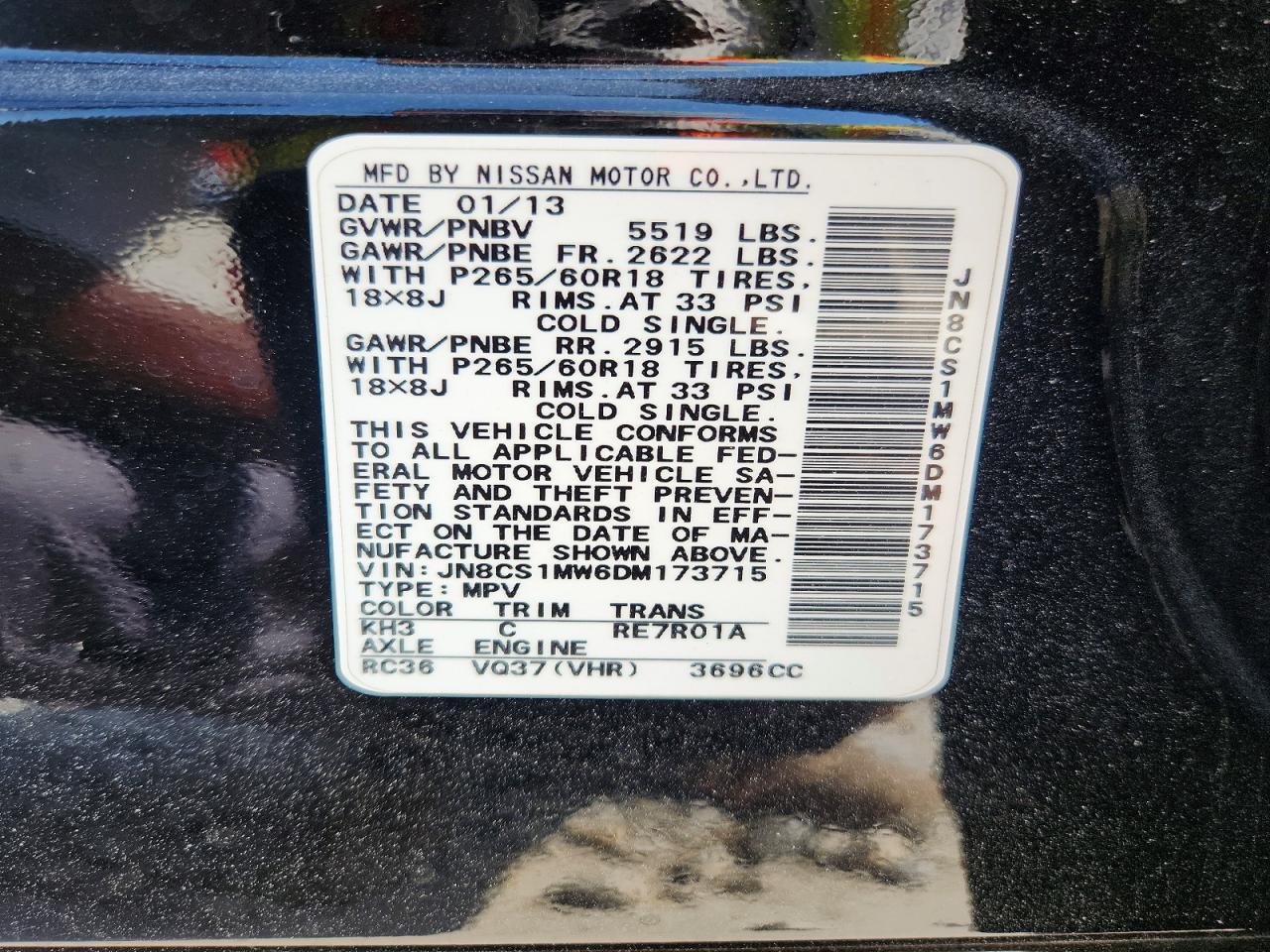 2013 Infiniti Fx37 Base Black vin: JN8CS1MW6DM173715