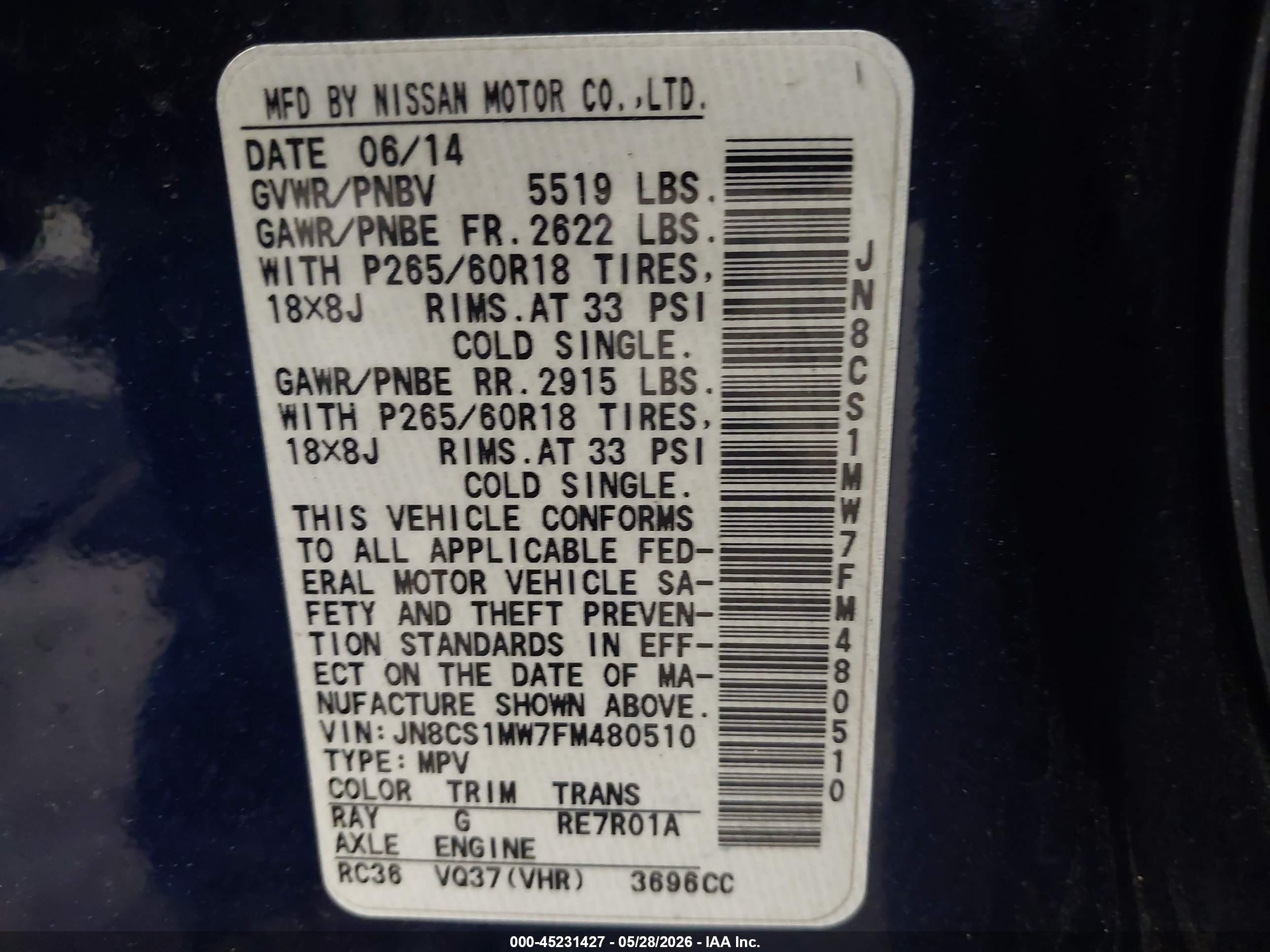 2015 Infiniti Qx70   Blue vin: JN8CS1MW7FM480510