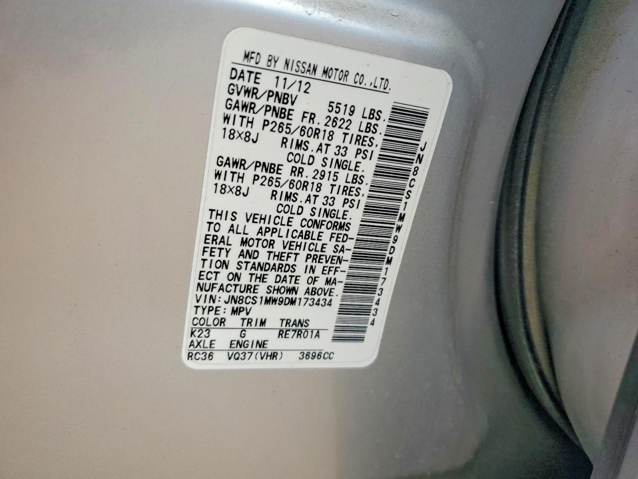 2013 Infiniti Fx37 Base Silver vin: JN8CS1MW9DM173434