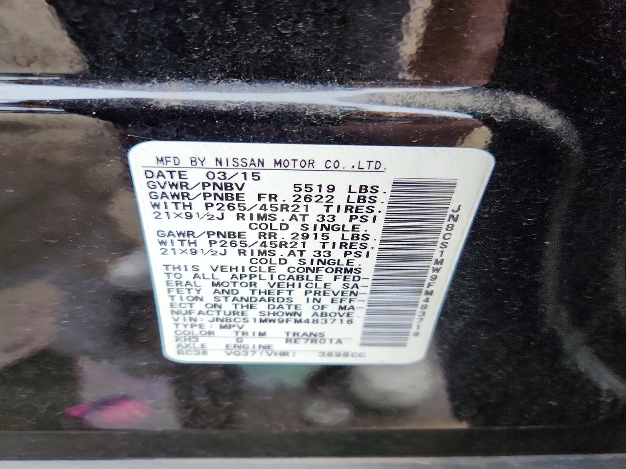 2015 Infiniti Qx70 Base Black vin: JN8CS1MW9FM483716